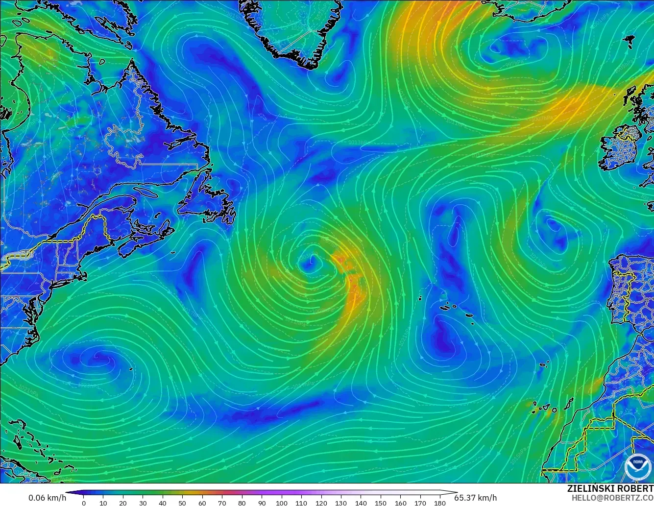 GFS modelo - Norte Atlántico, Viento a 10 m