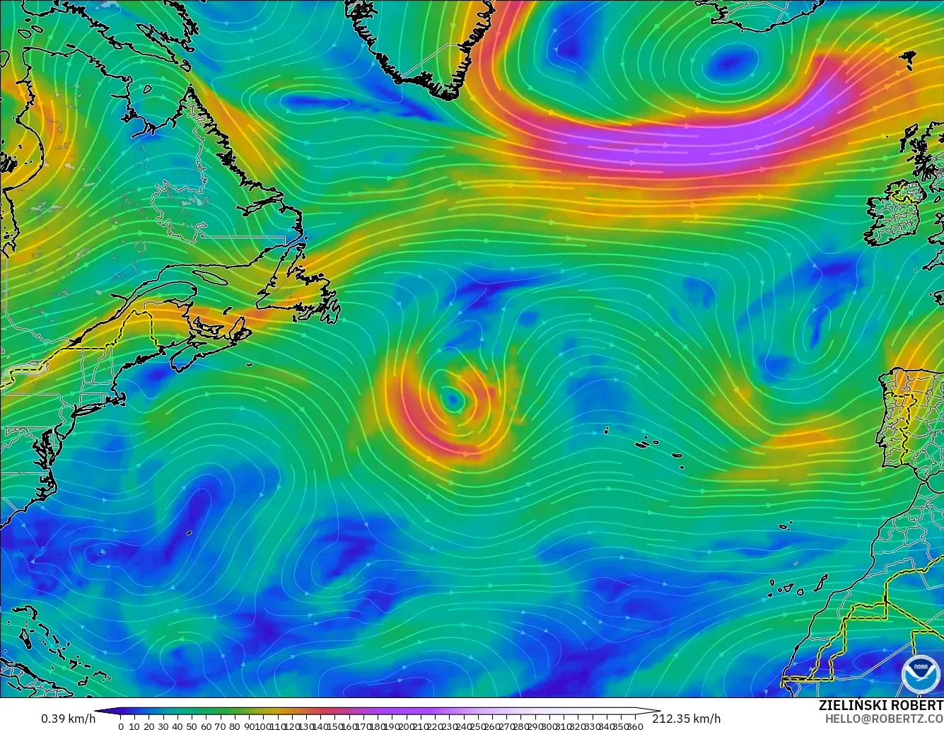 GFS modelo - Norte Atlántico, Viento a 300 hPa (corriente en chorro)