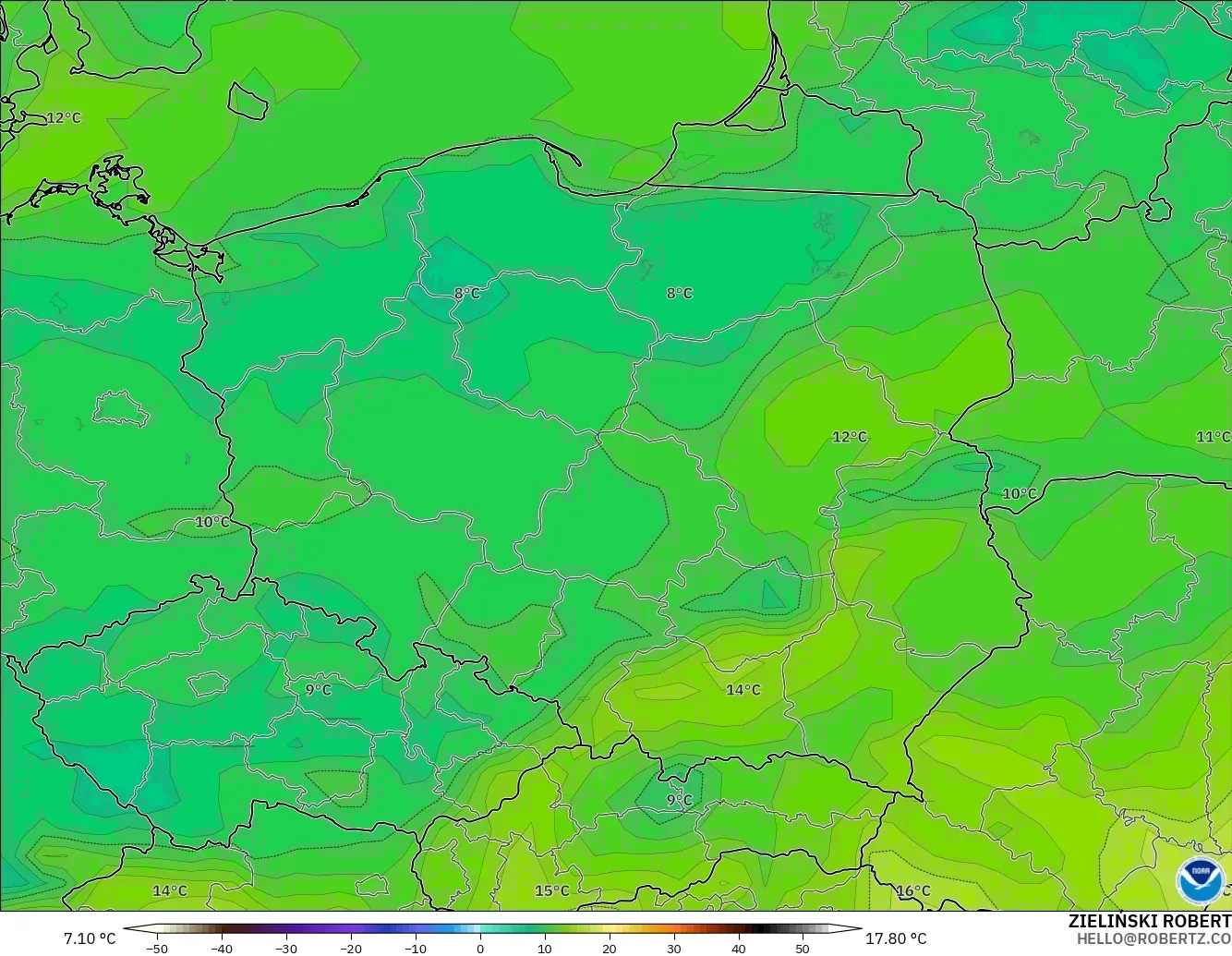 GFS modelo - Polonia, Punto de rocío a 2 m