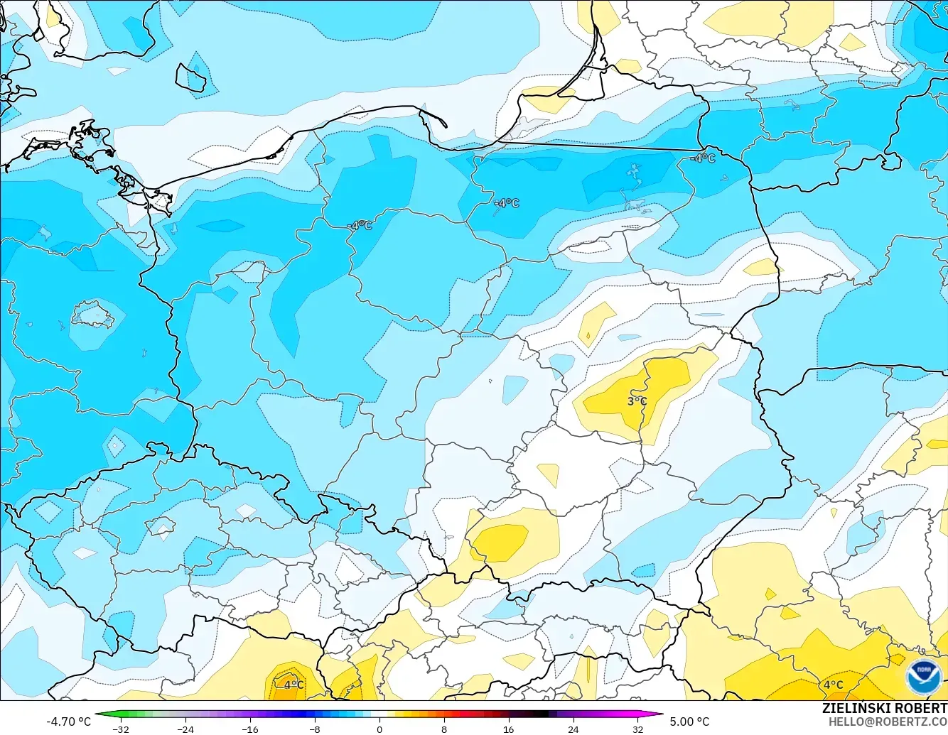 GFS modelo - Polonia, Anomalía de temperatura a 2 m