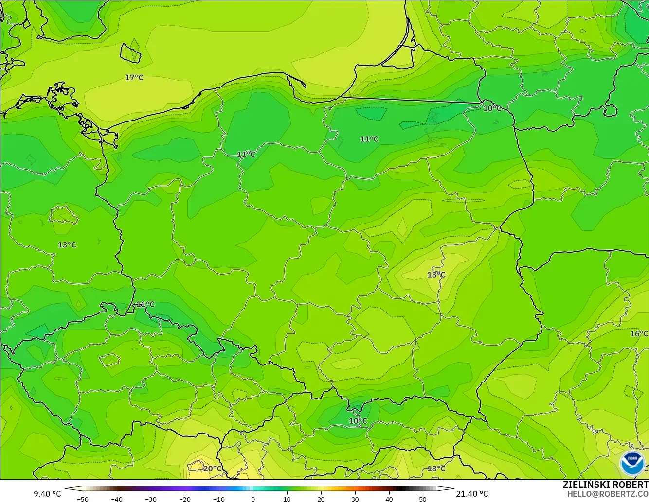 GFS modelo - Polonia, Temperatura a 2 m