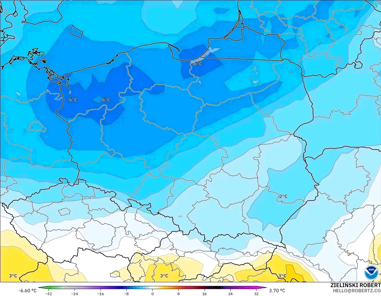 GFS modelo - Polonia, Anomalía de temperatura a 850 hPa