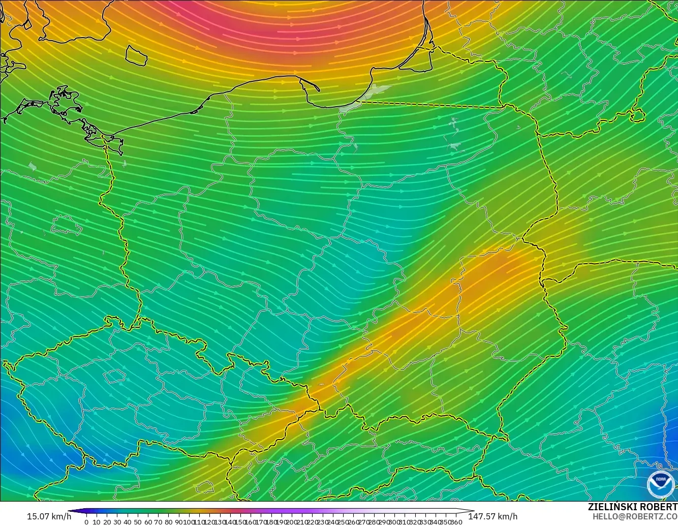 GFS modelo - Polonia, Viento a 300 hPa (corriente en chorro)