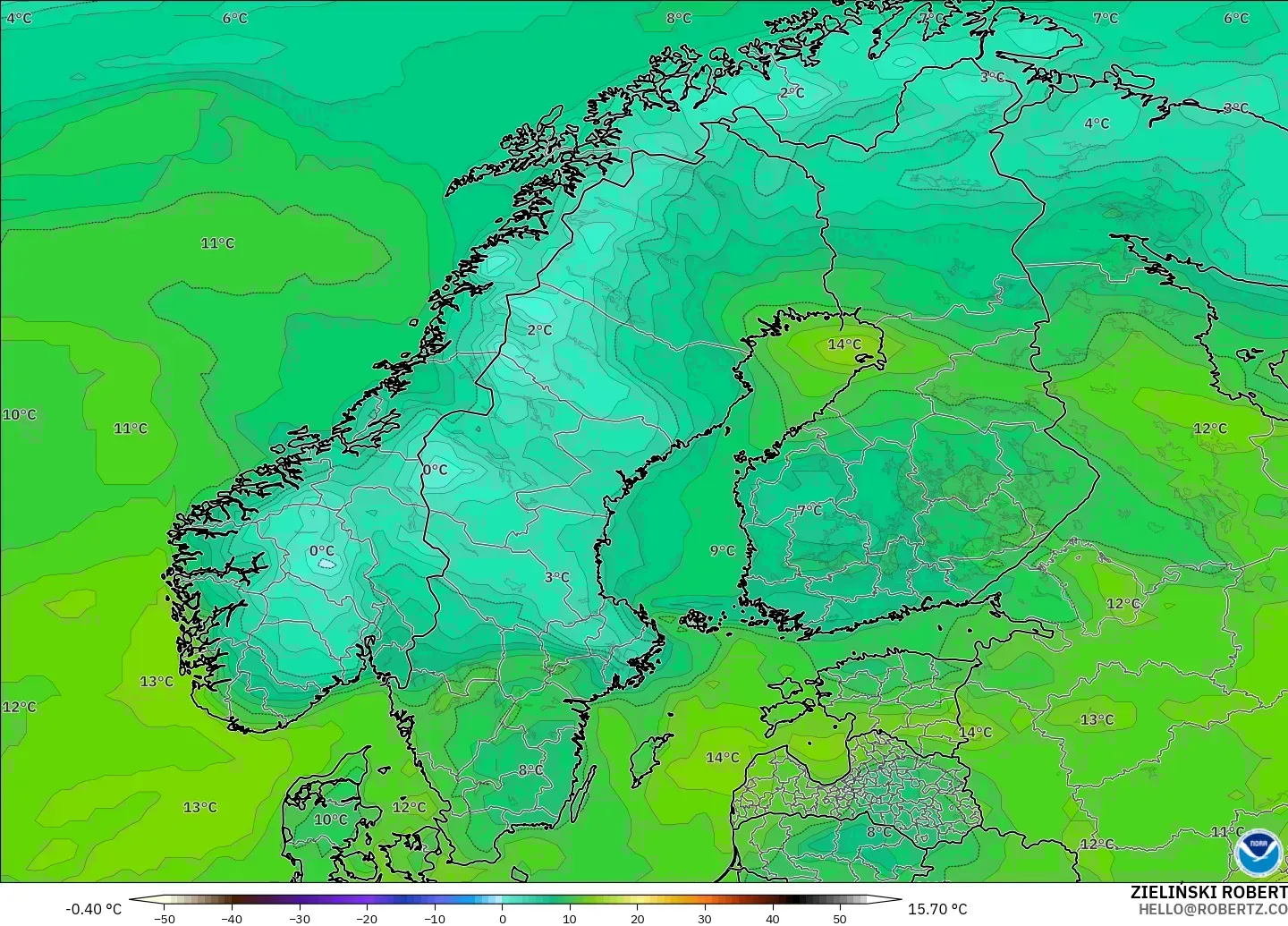GFS modelo - Escandinavia, Punto de rocío a 2 m