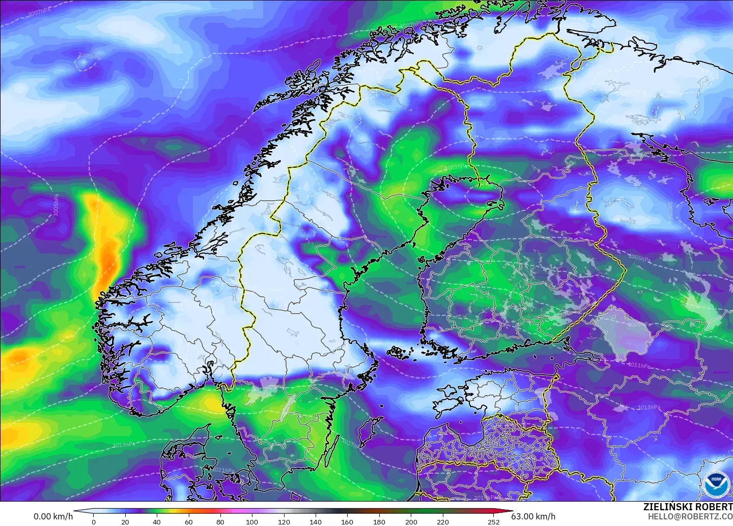 GFS modelo - Escandinavia, Ráfagas de viento