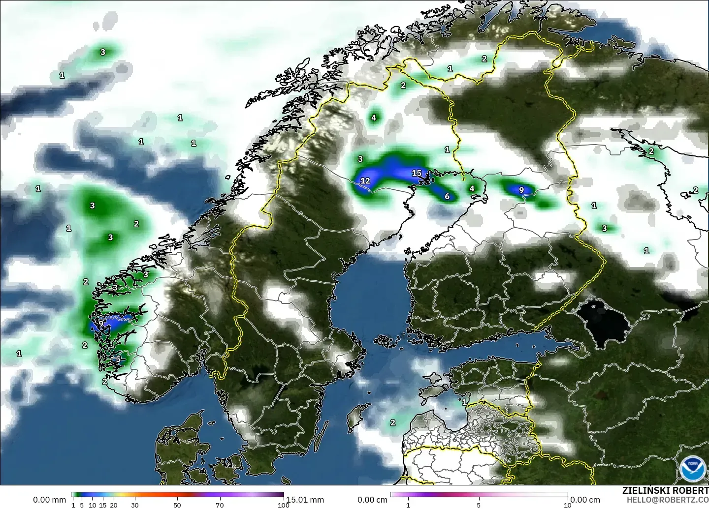 GFS modelo - Escandinavia, Precipitación, nubes y presión