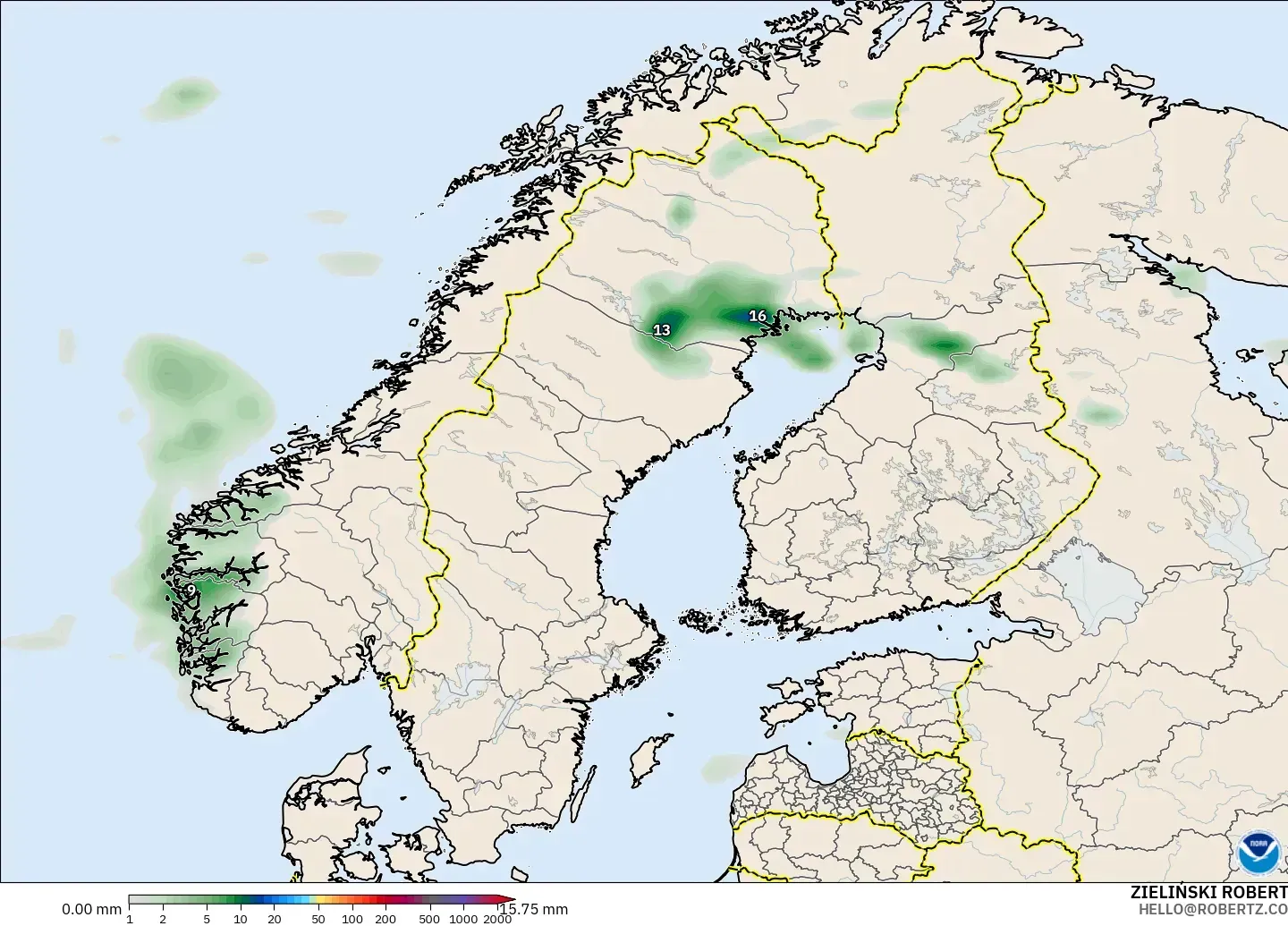 GFS modelo - Escandinavia, Acumulación de precipitación