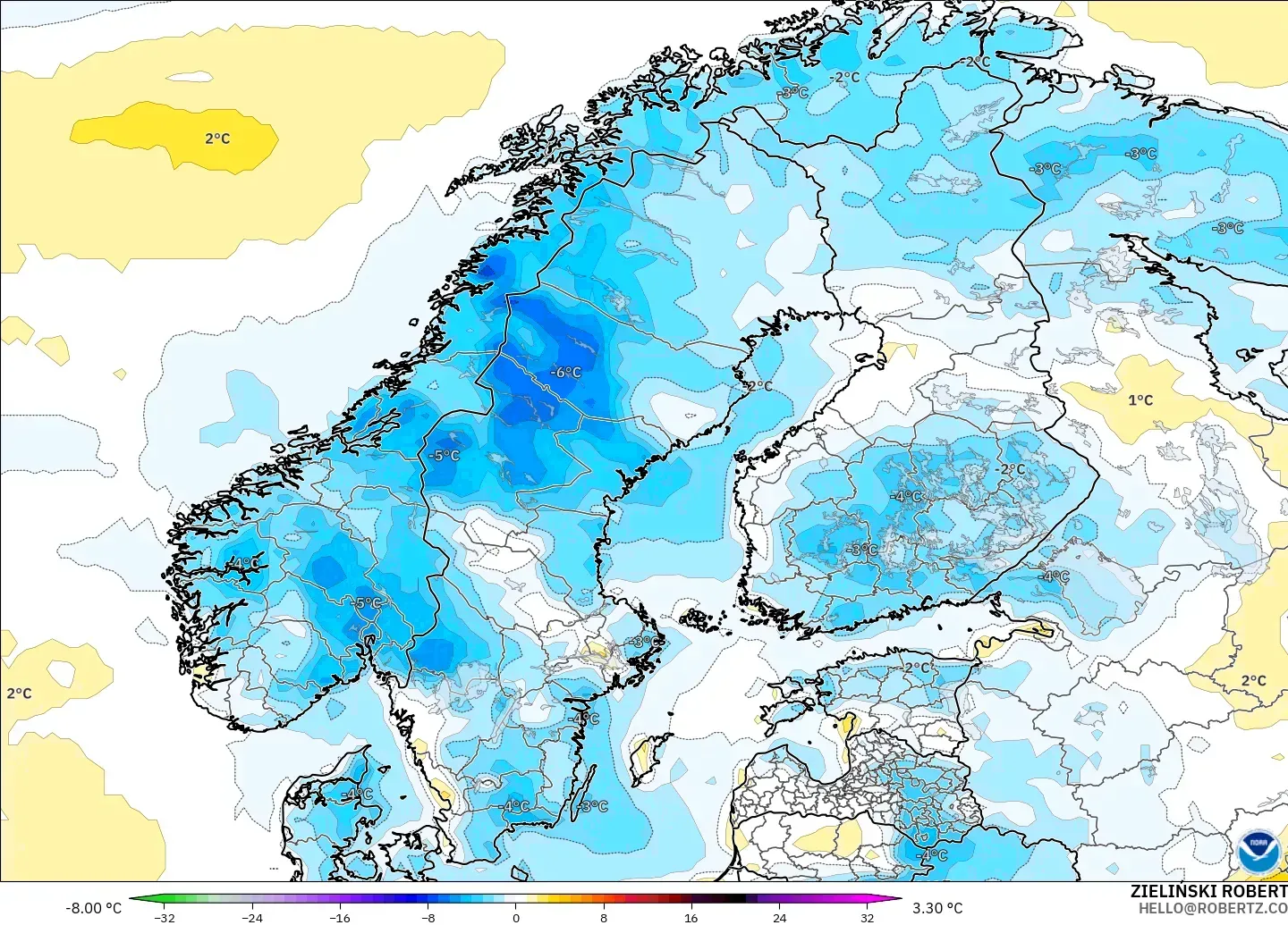 GFS modelo - Escandinavia, Anomalía de temperatura a 2 m