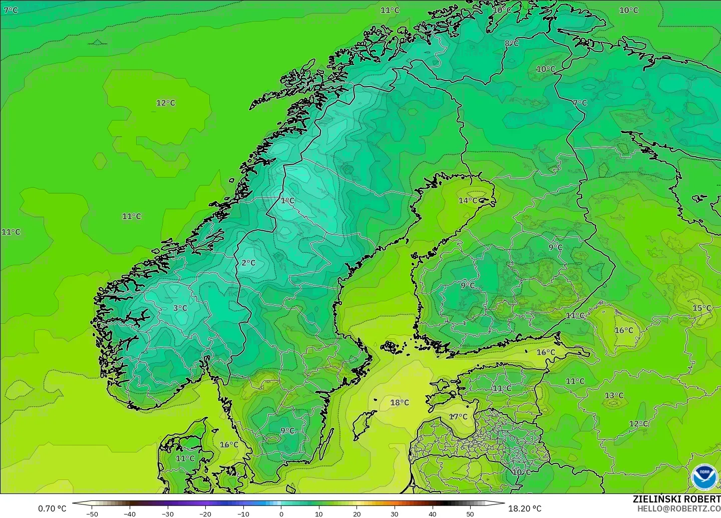 GFS modelo - Escandinavia, Temperatura a 2 m