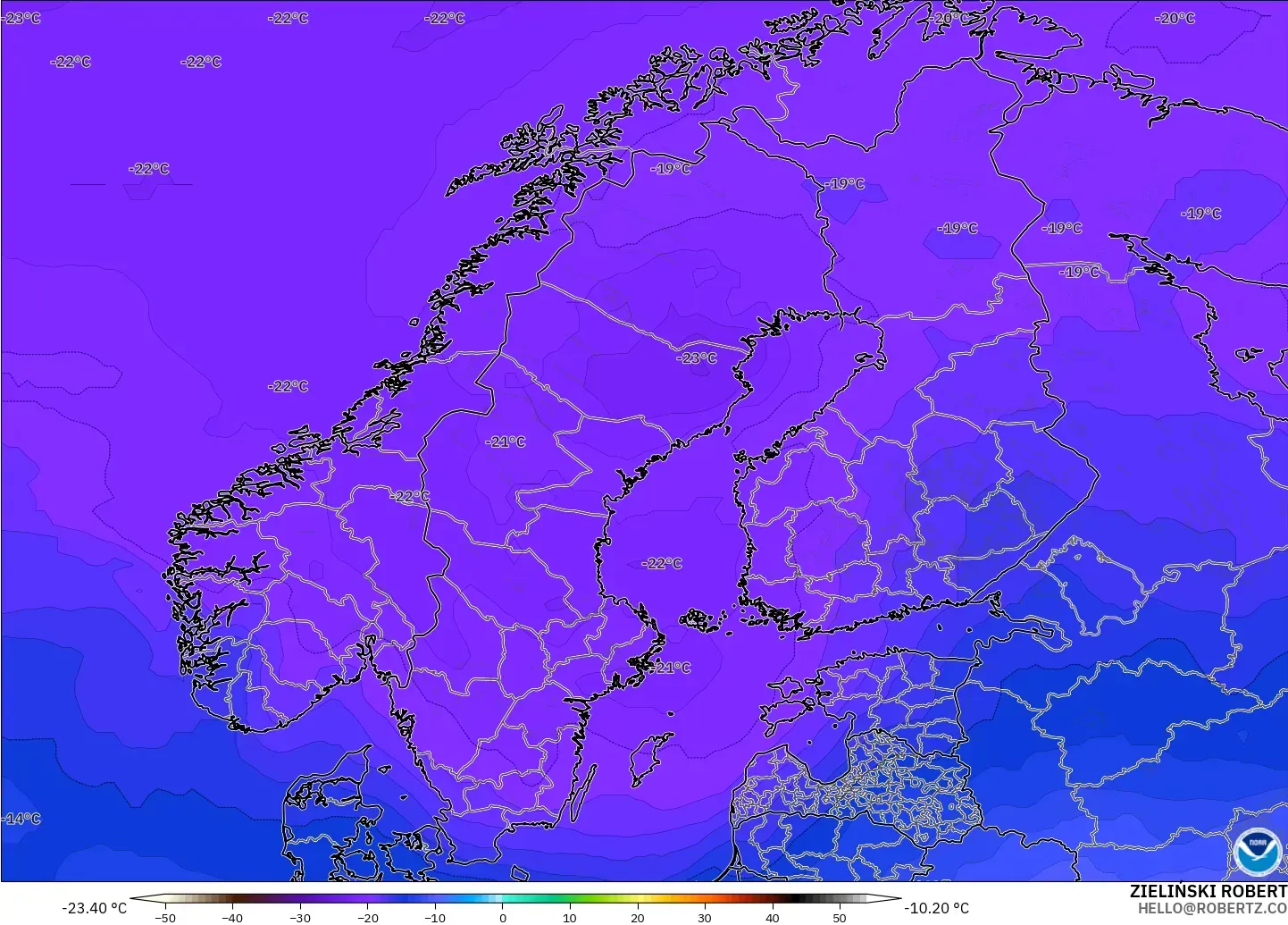 GFS modelo - Escandinavia, Temperatura a 500 hPa