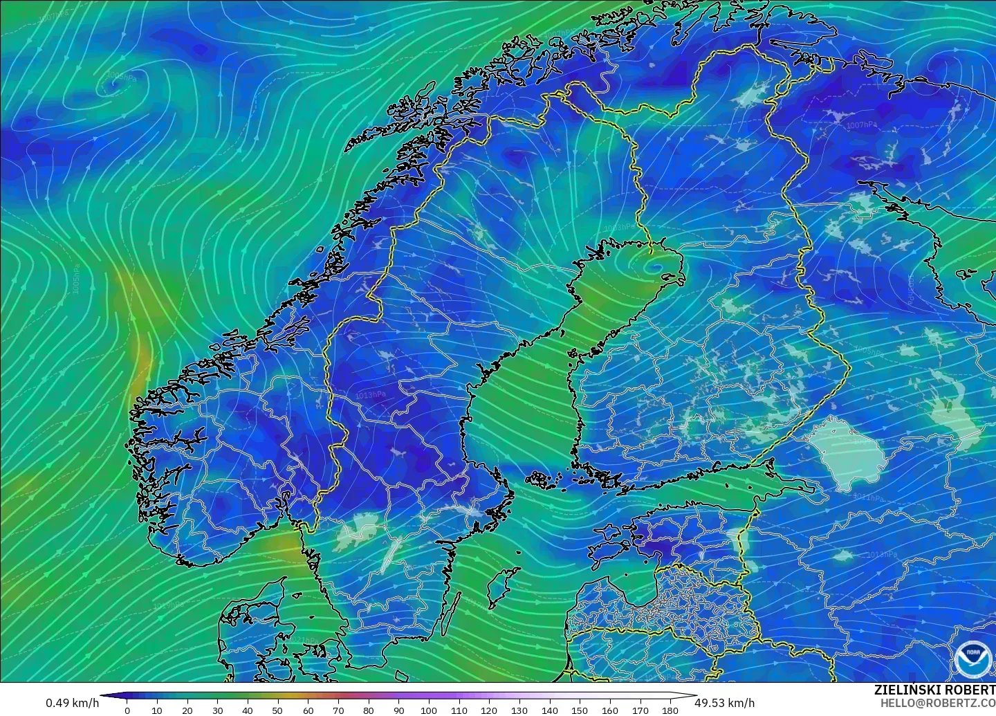 GFS modelo - Escandinavia, Viento a 10 m