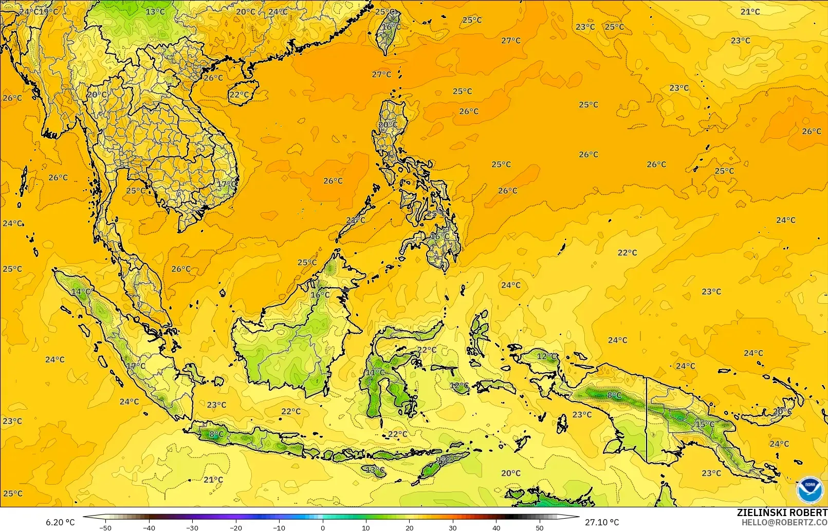 GFS modelo - Sudeste Asiático, Punto de rocío a 2 m