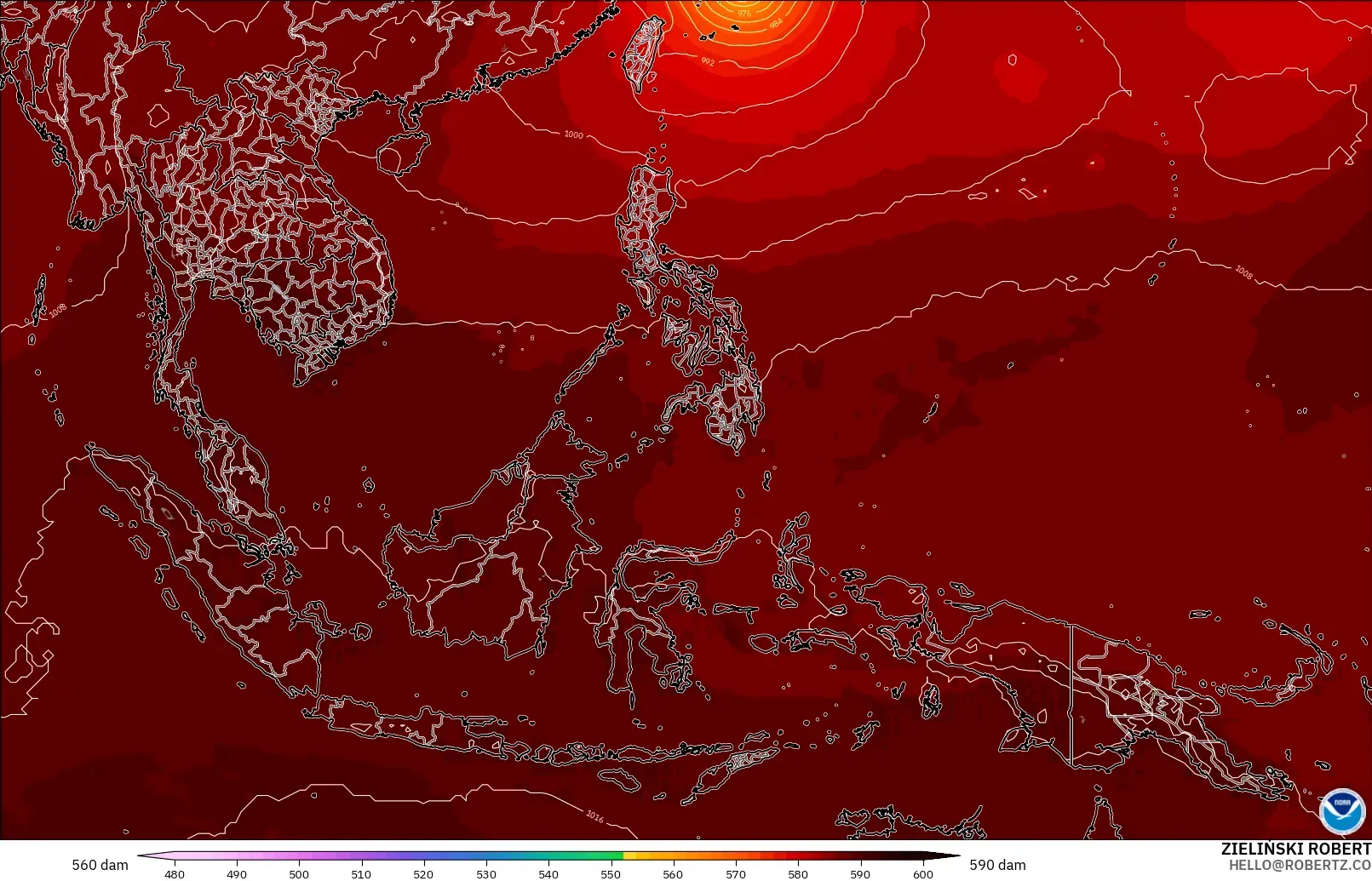 GFS modelo - Sudeste Asiático, Altura geopotencial a 500 hPa