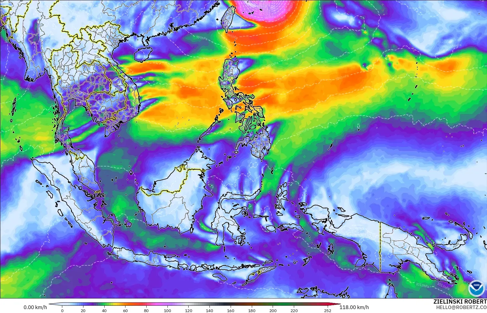 GFS modelo - Sudeste Asiático, Ráfagas de Viento Máximas