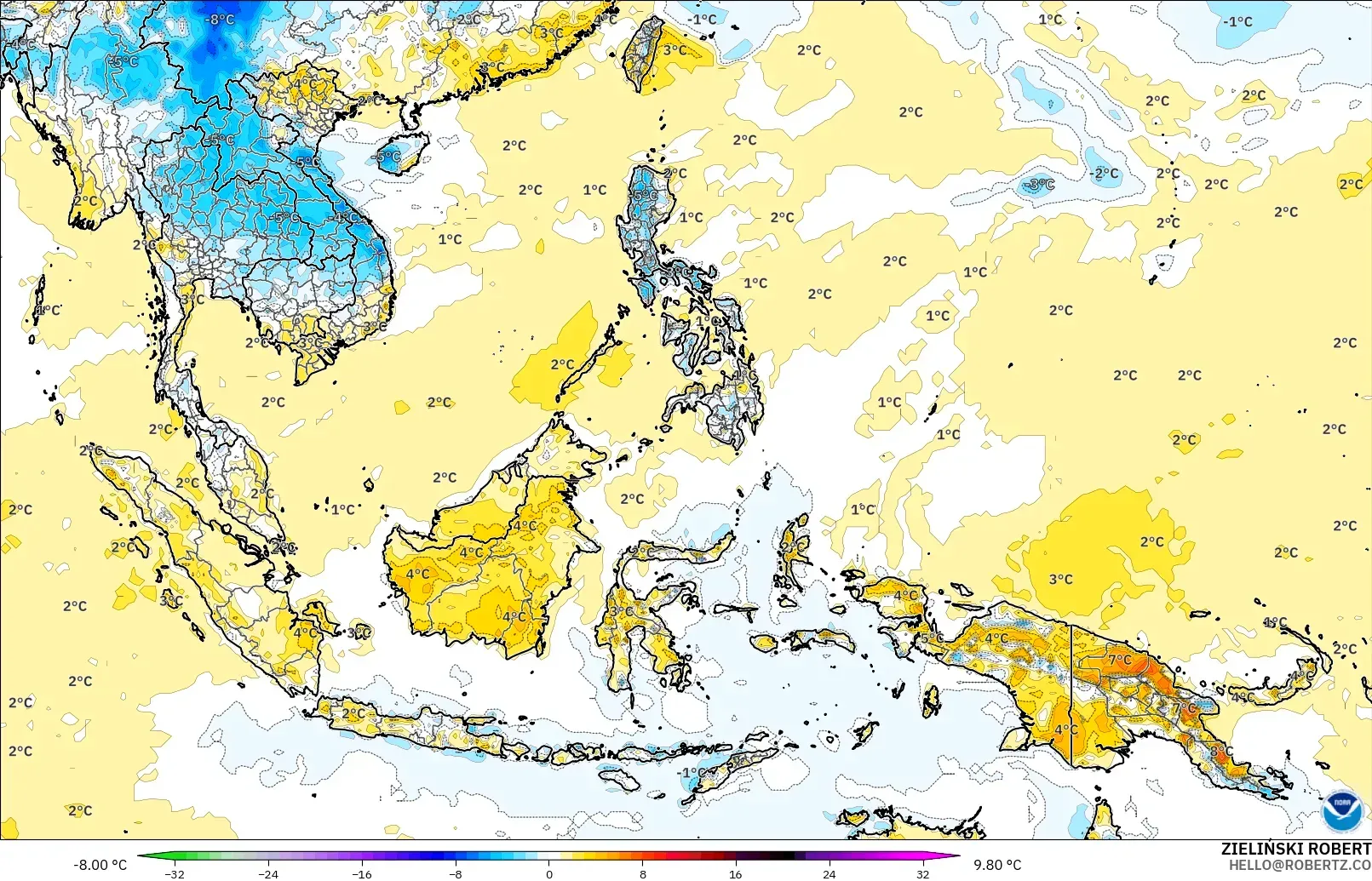 GFS modelo - Sudeste Asiático, Anomalía de temperatura a 2 m
