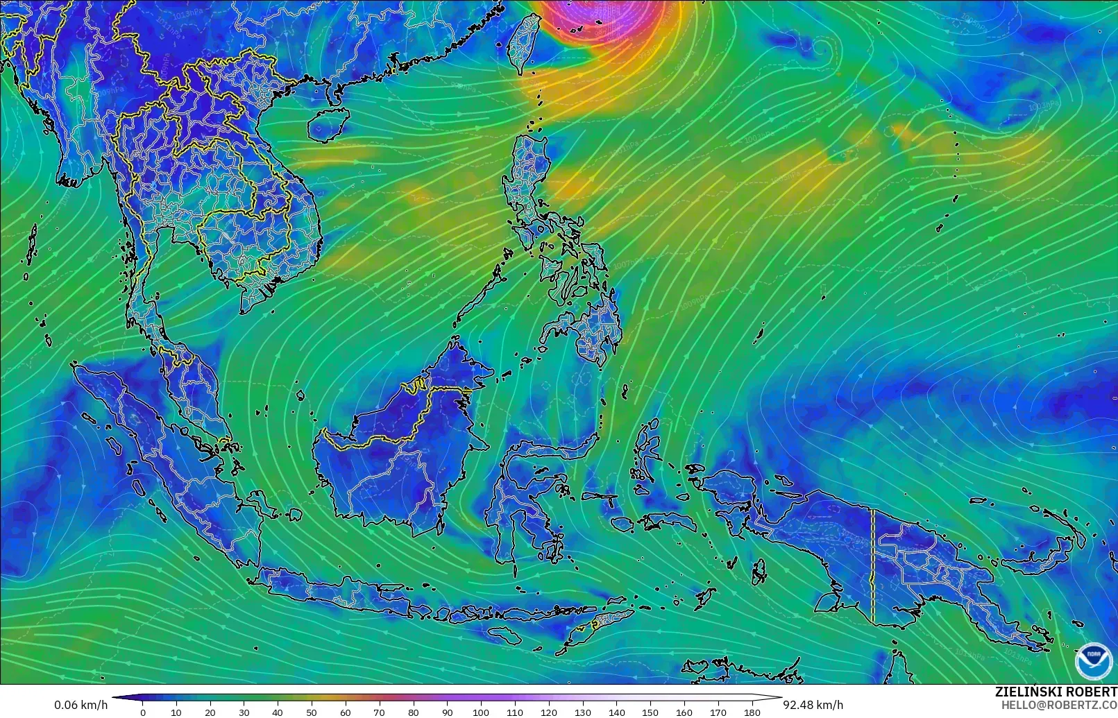 GFS modelo - Sudeste Asiático, Viento a 10 m