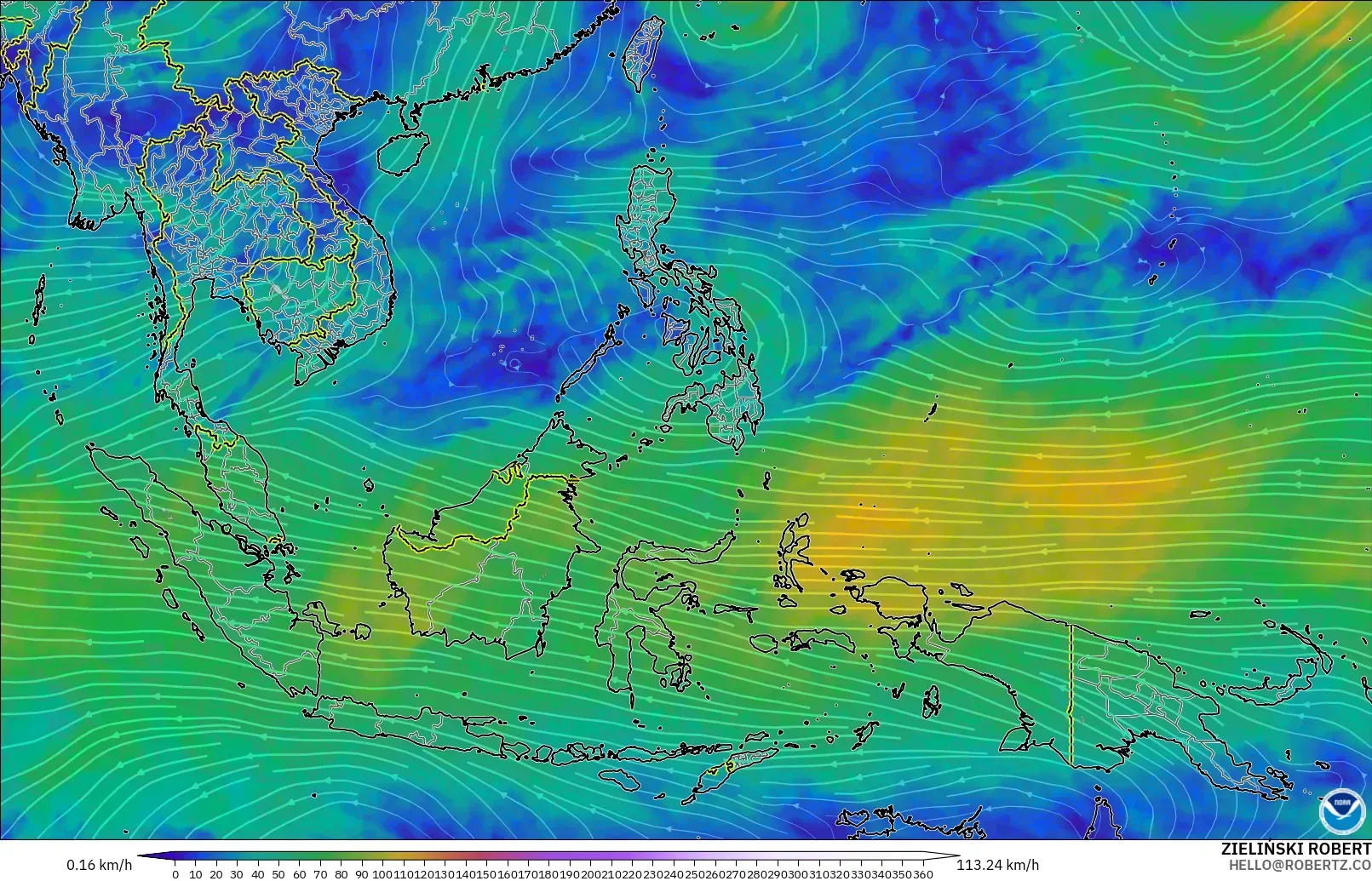 GFS modelo - Sudeste Asiático, Viento a 300 hPa (corriente en chorro)