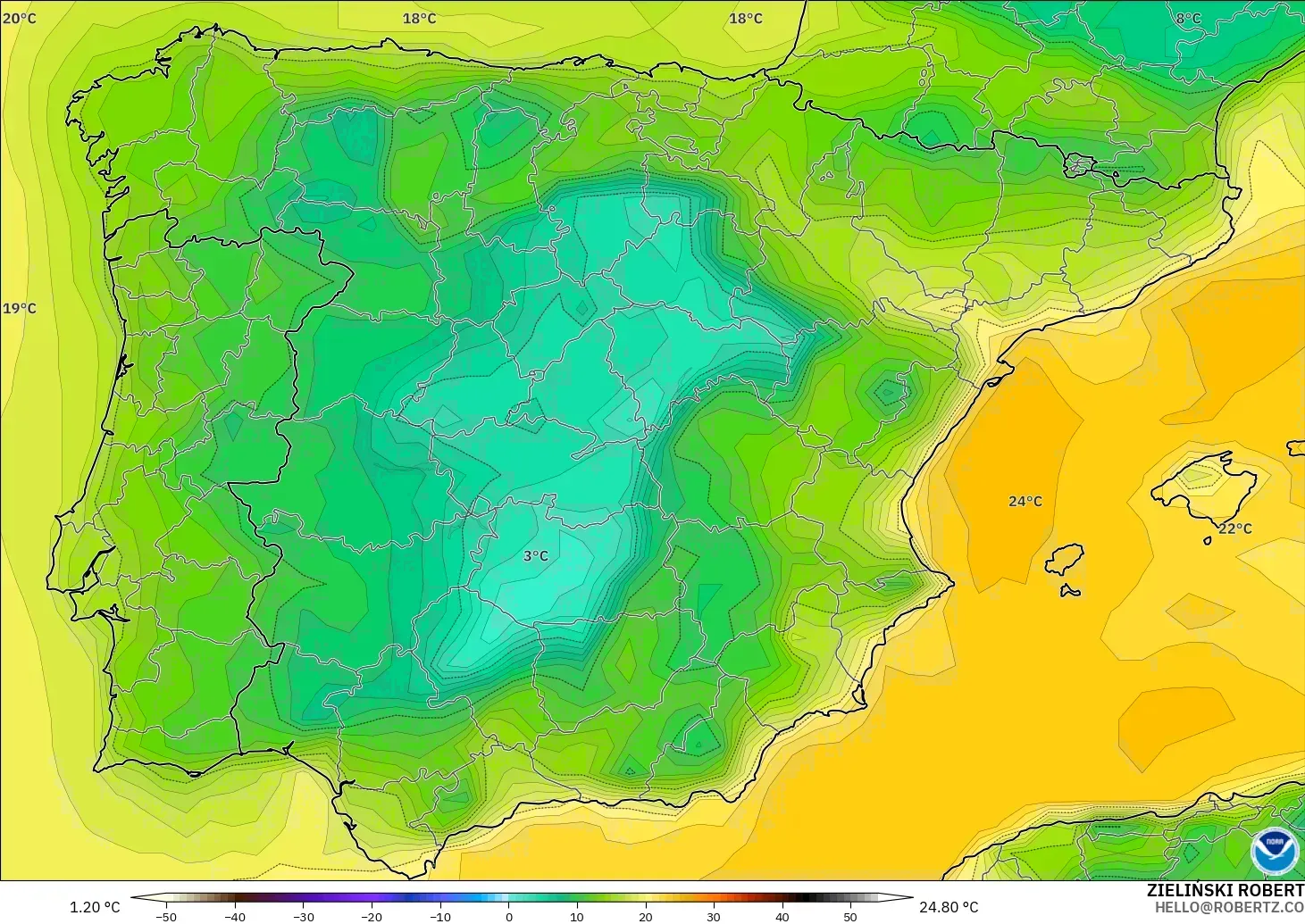 GFS modelo - España, Punto de rocío a 2 m