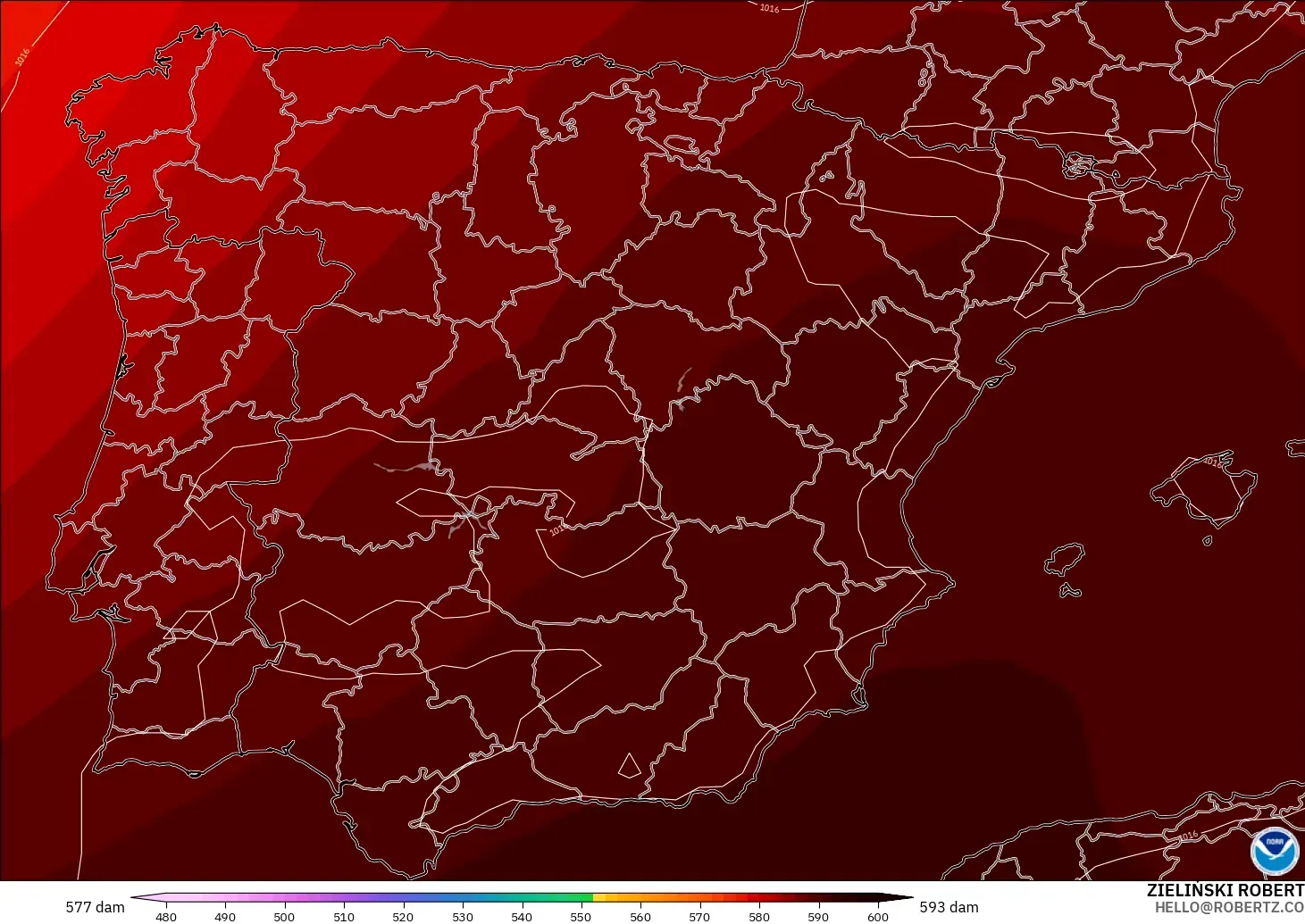 GFS modelo - España, Altura geopotencial a 500 hPa