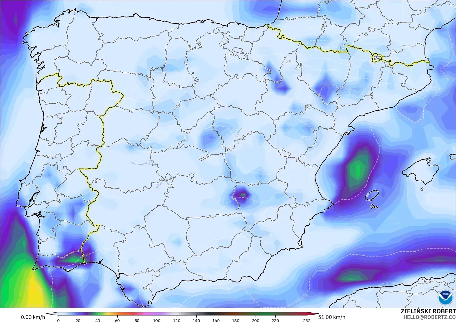 GFS modelo - España, Ráfagas de viento