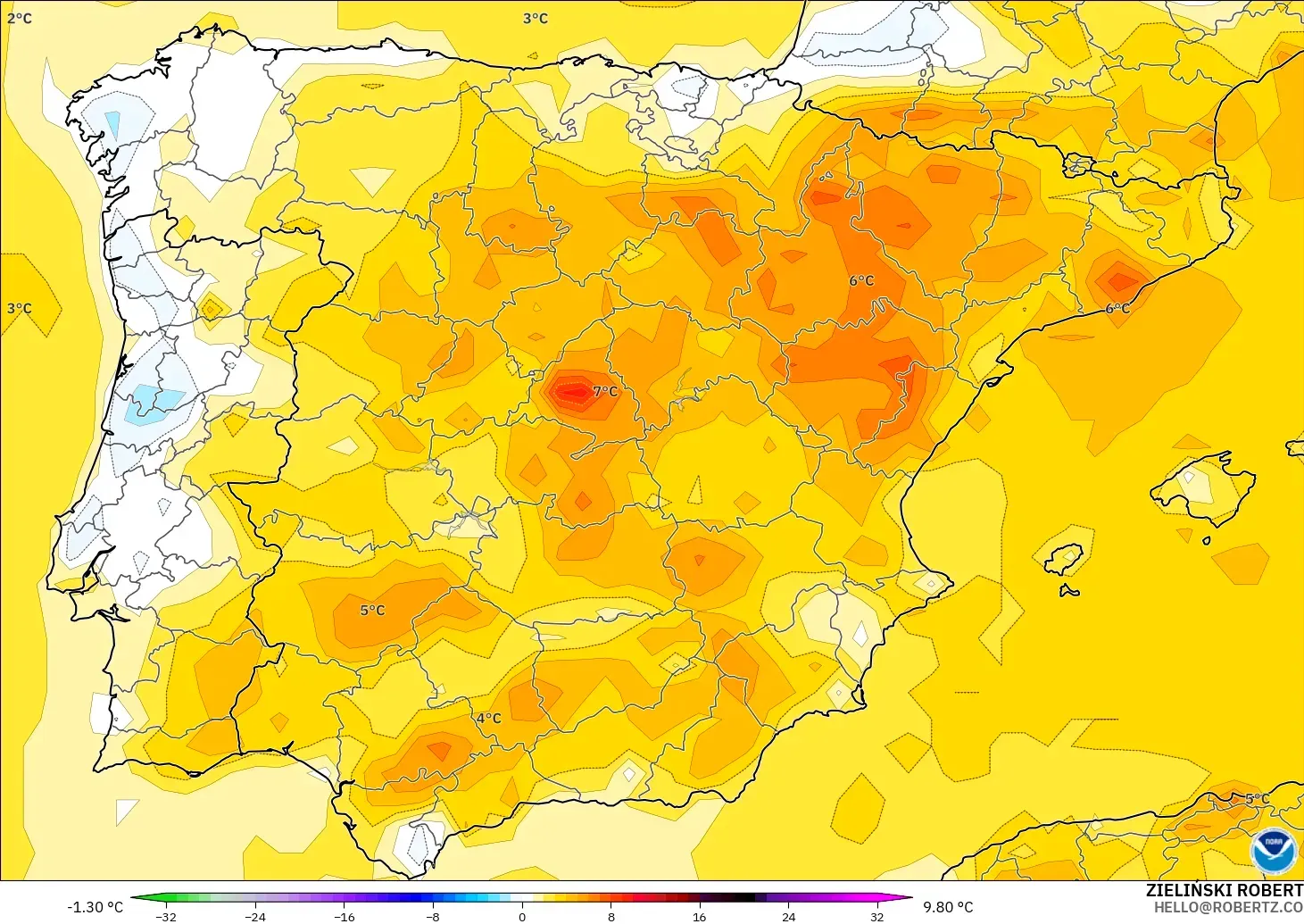 GFS modelo - España, Anomalía de temperatura a 2 m