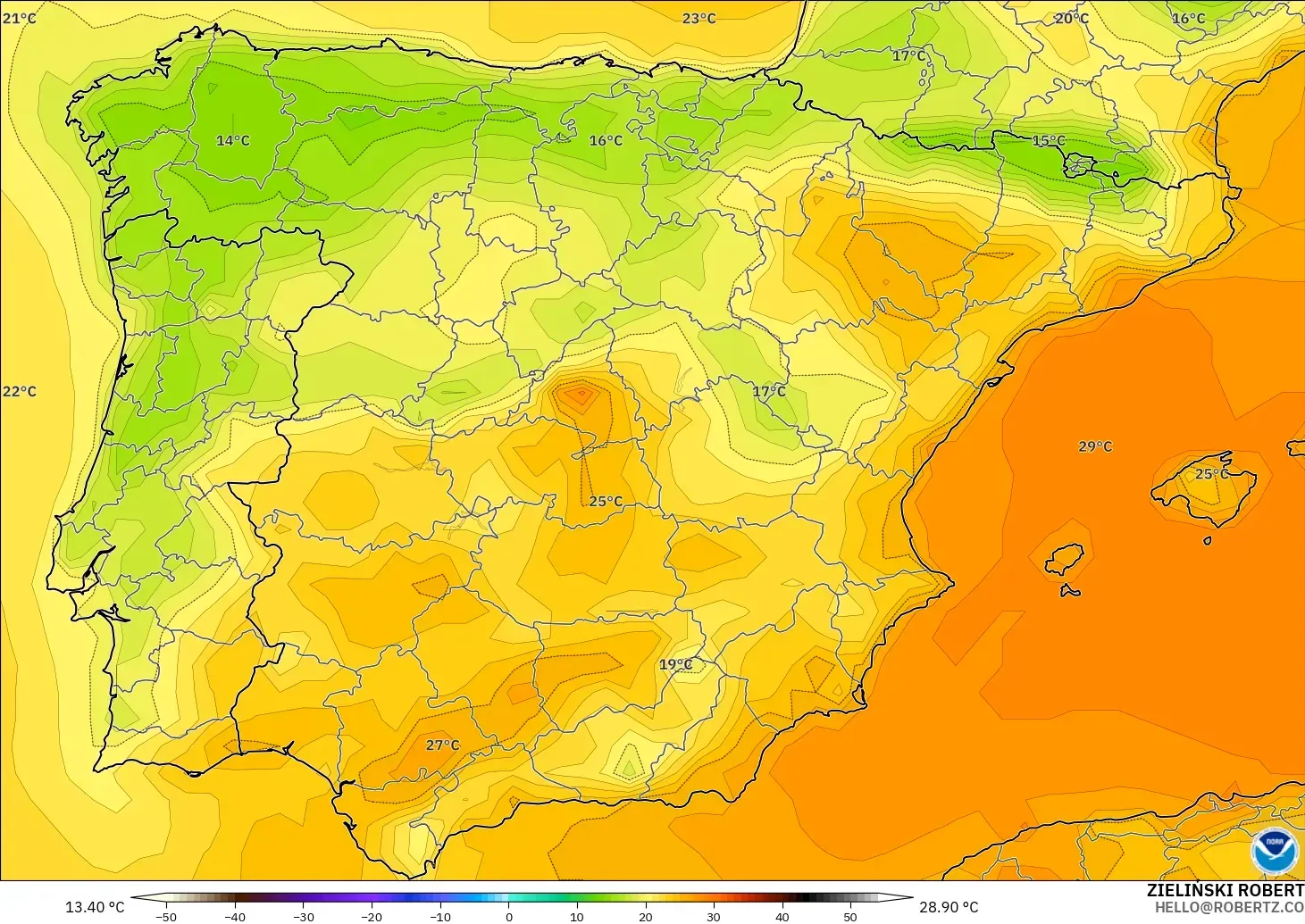 GFS modelo - España, Temperatura a 2 m