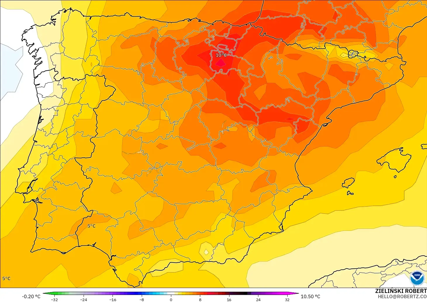 GFS modelo - España, Anomalía de temperatura a 850 hPa