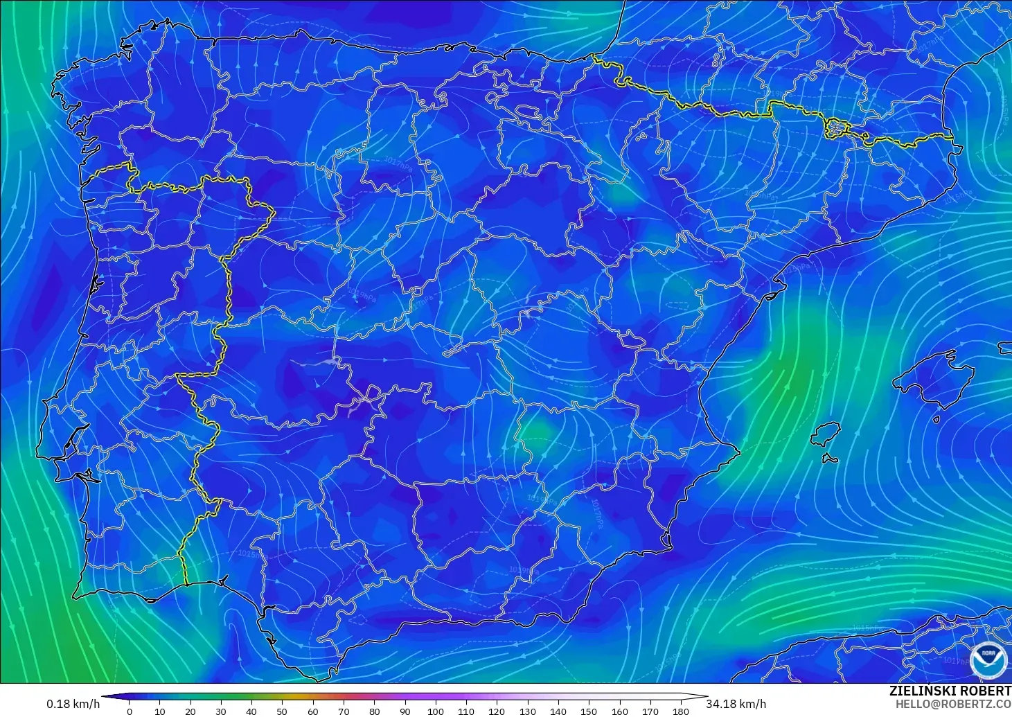 GFS modelo - España, Viento a 10 m