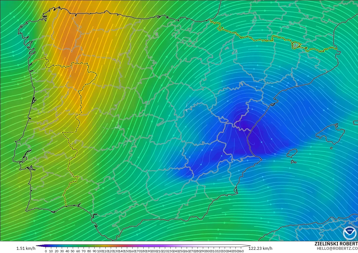 GFS modelo - España, Viento a 300 hPa (corriente en chorro)