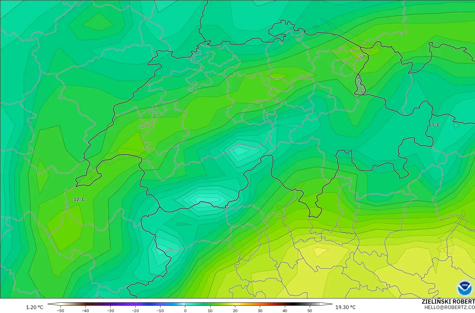 GFS modelo - Suiza, Punto de rocío a 2 m