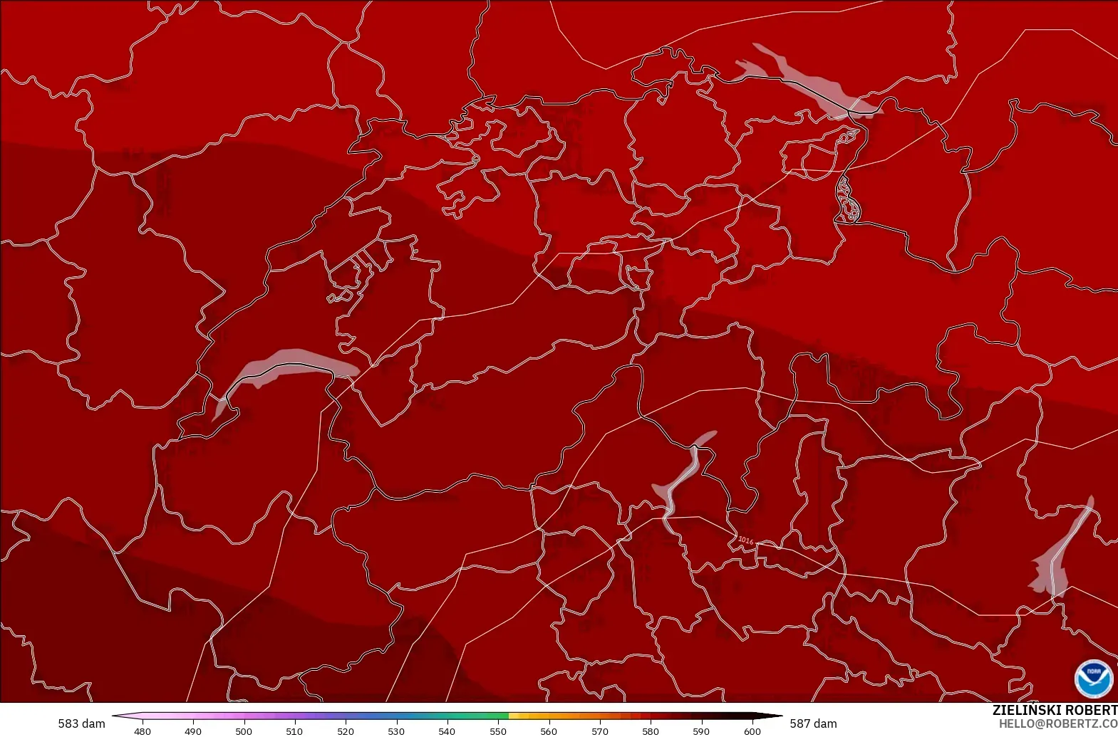 GFS modelo - Suiza, Altura geopotencial a 500 hPa
