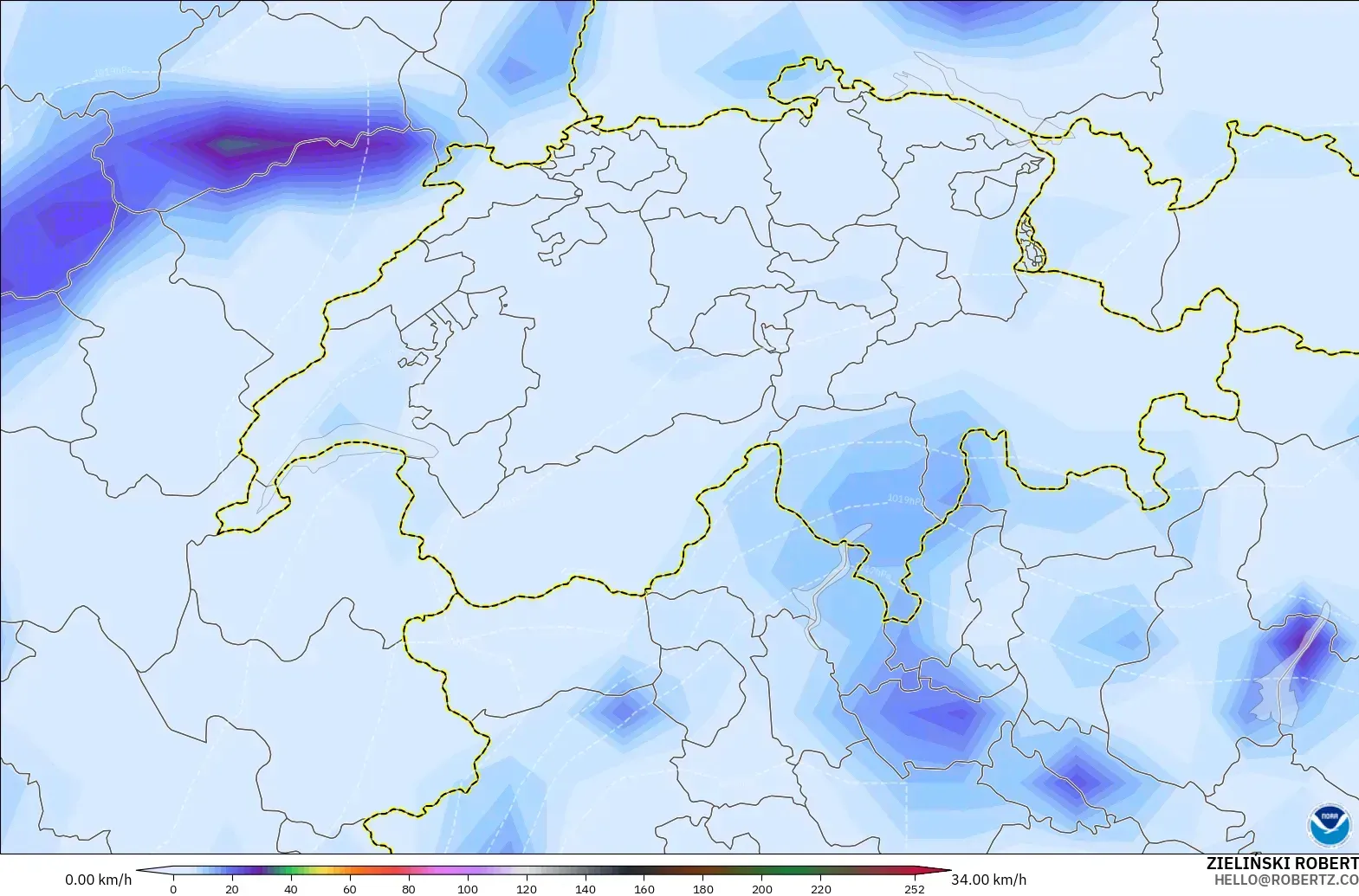 GFS modelo - Suiza, Ráfagas de Viento Máximas