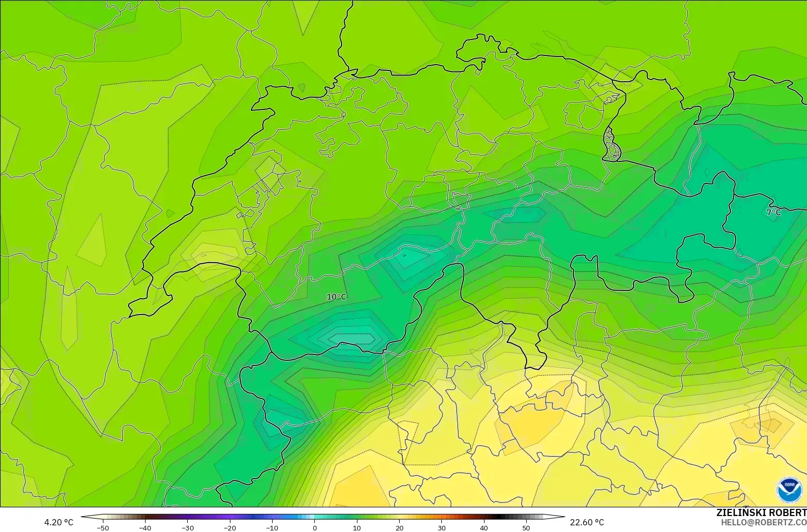 GFS modelo - Suiza, Temperatura a 2 m