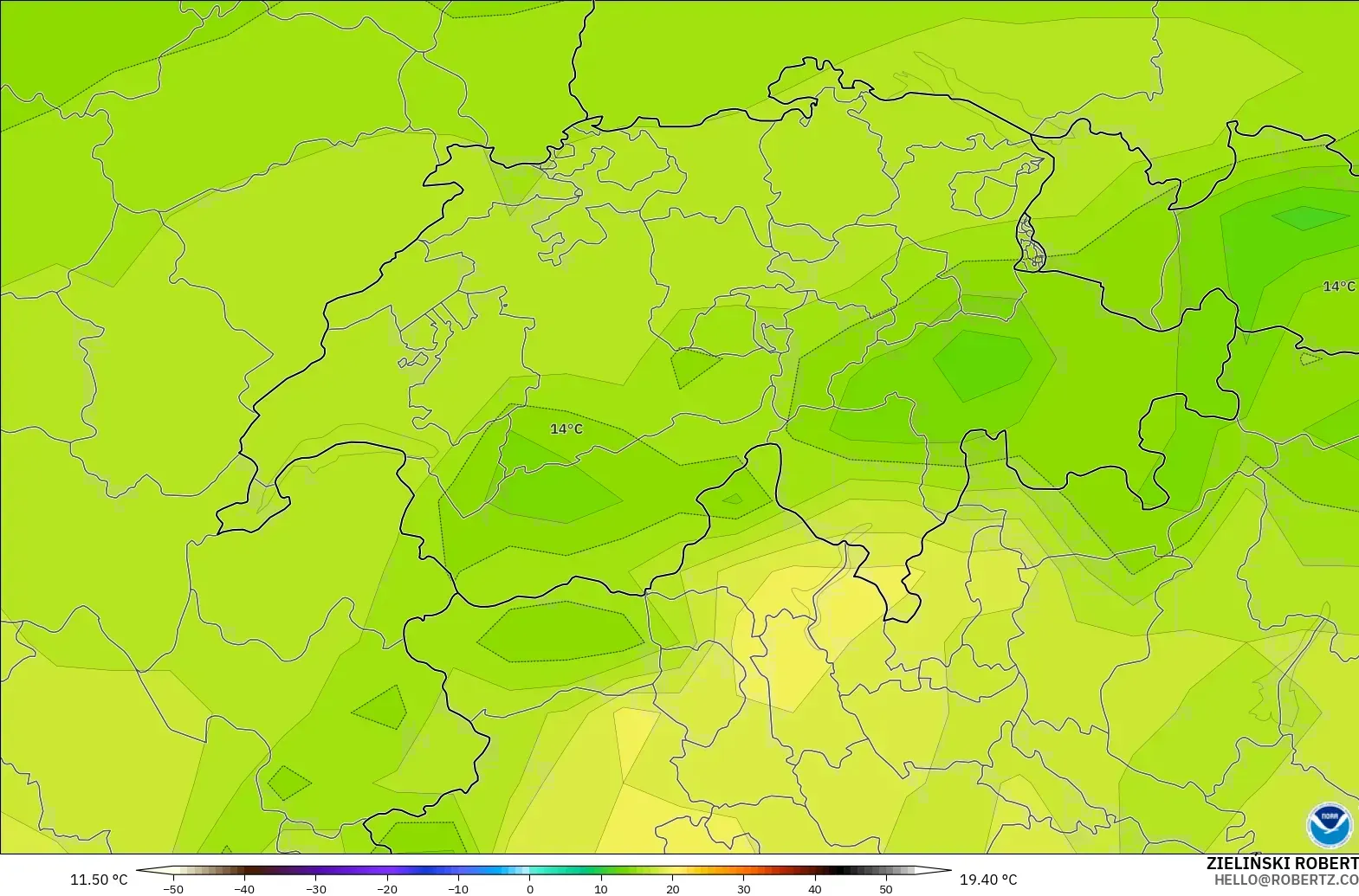 GFS modelo - Suiza, Temperatura a 850 hPa
