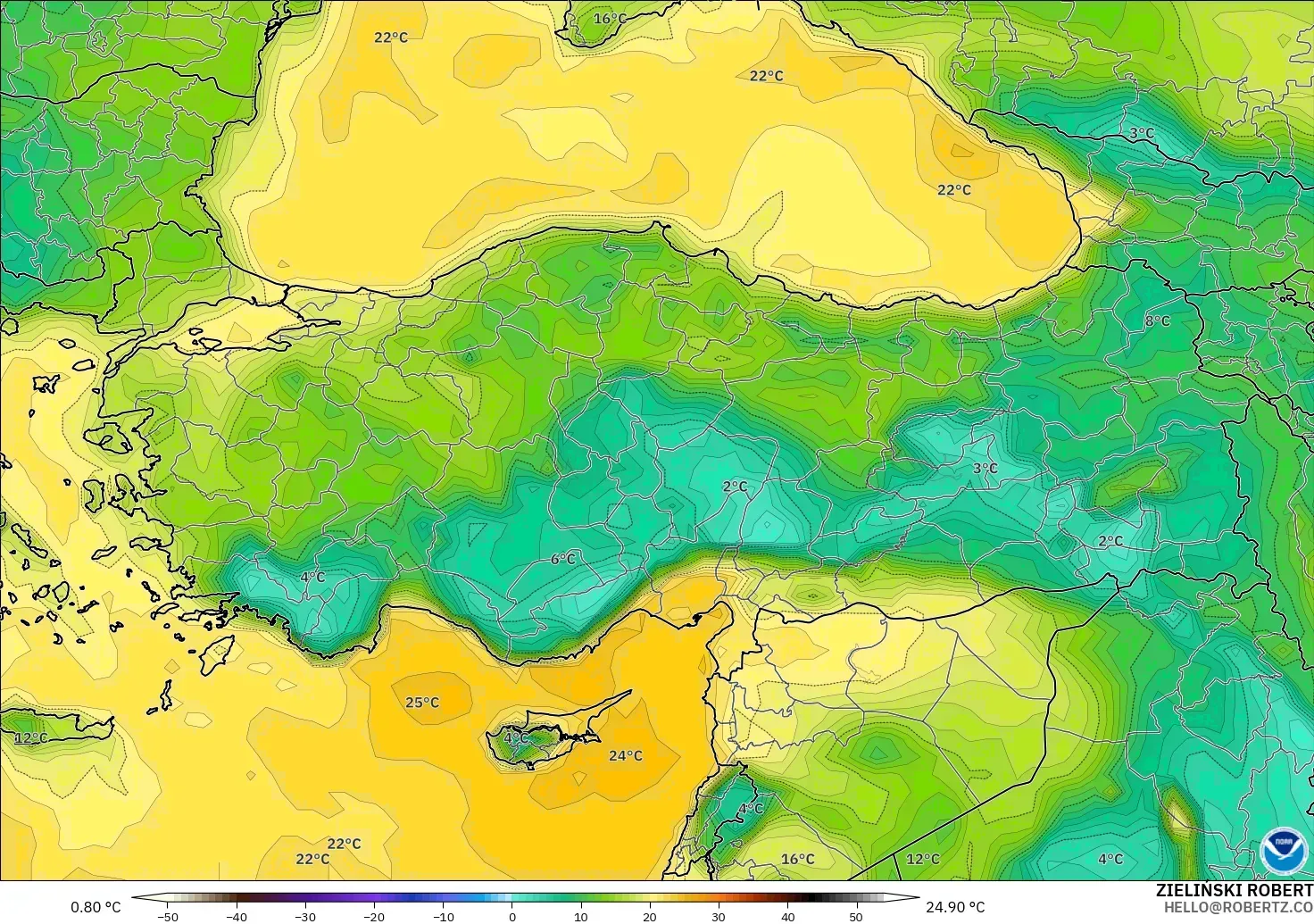GFS modelo - Turquía, Punto de rocío a 2 m