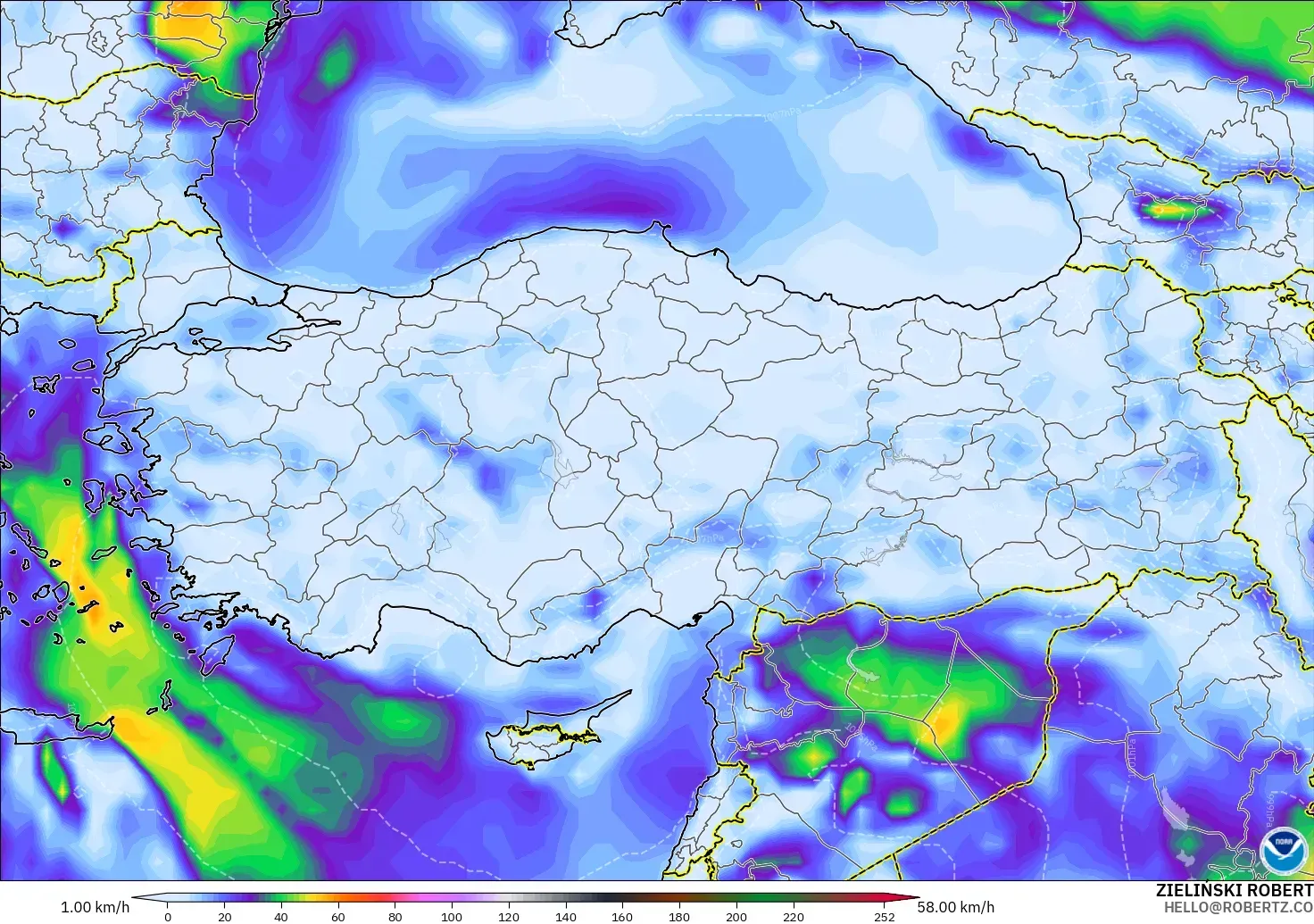 GFS modelo - Turquía, Ráfagas de Viento Máximas