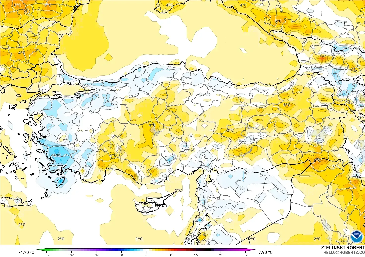 GFS modelo - Turquía, Anomalía de temperatura a 2 m