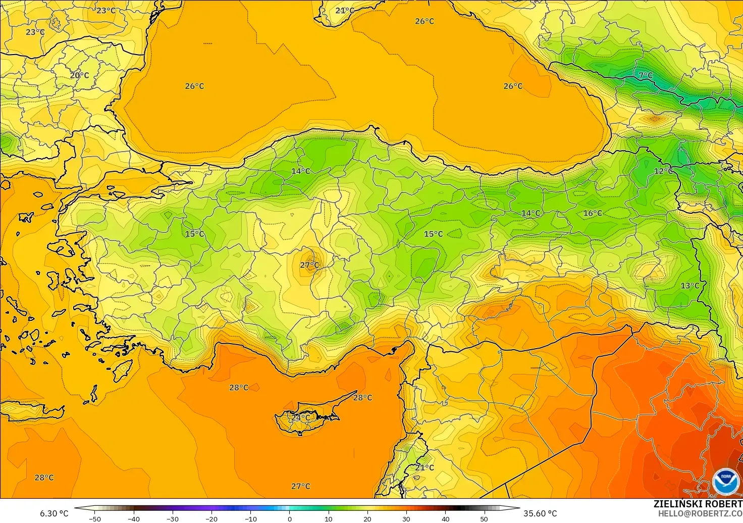 GFS modelo - Turquía, Temperatura a 2 m