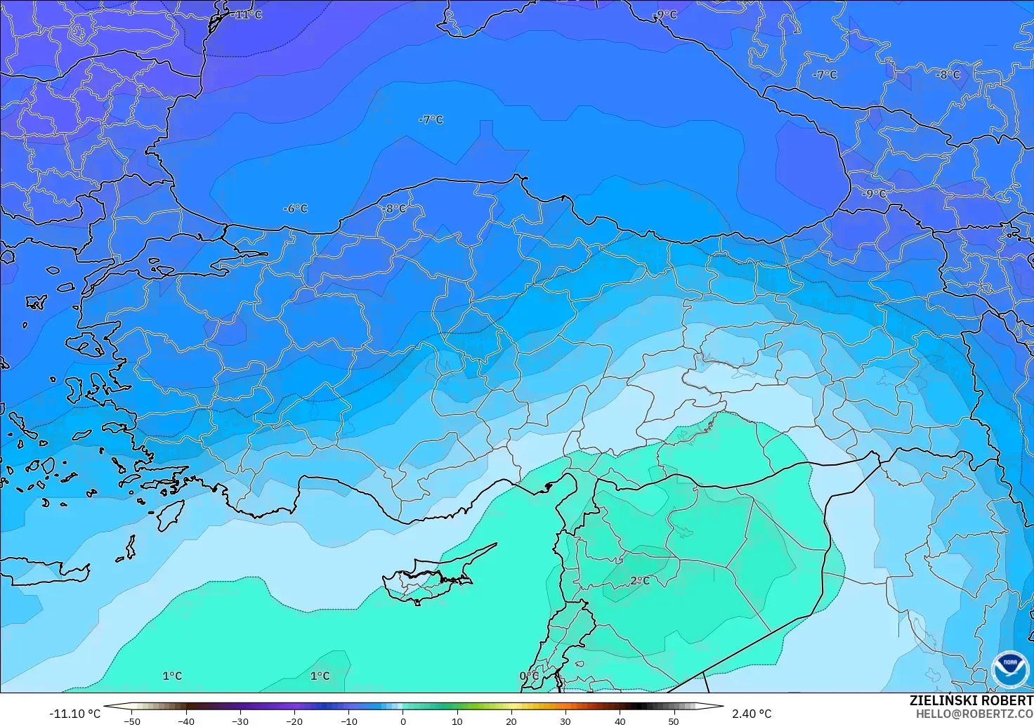 GFS modelo - Turquía, Temperatura a 500 hPa