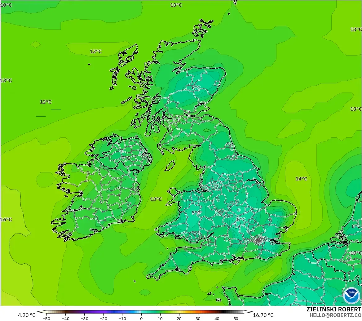 GFS modelo - Reino Unido, Punto de rocío a 2 m