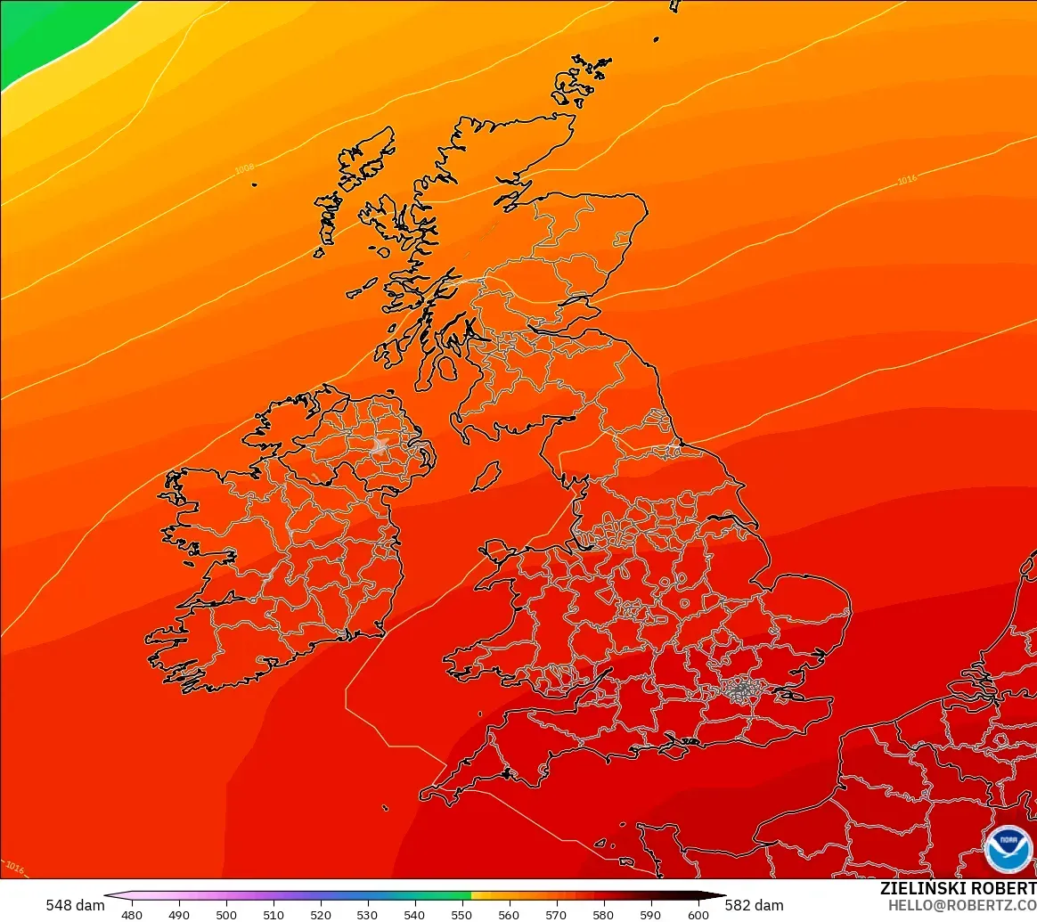 GFS modelo - Reino Unido, Altura geopotencial a 500 hPa