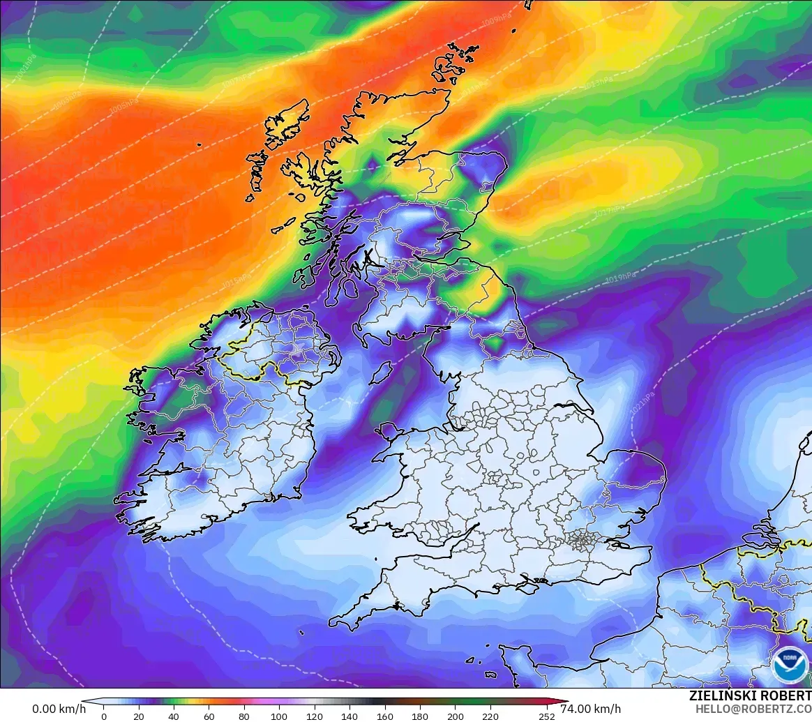GFS modelo - Reino Unido, Ráfagas de Viento Máximas