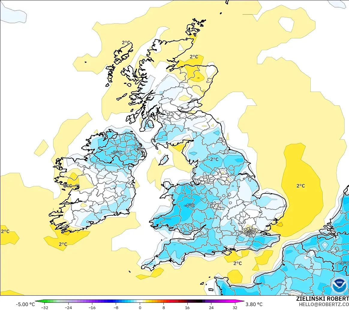 GFS modelo - Reino Unido, Anomalía de temperatura a 2 m