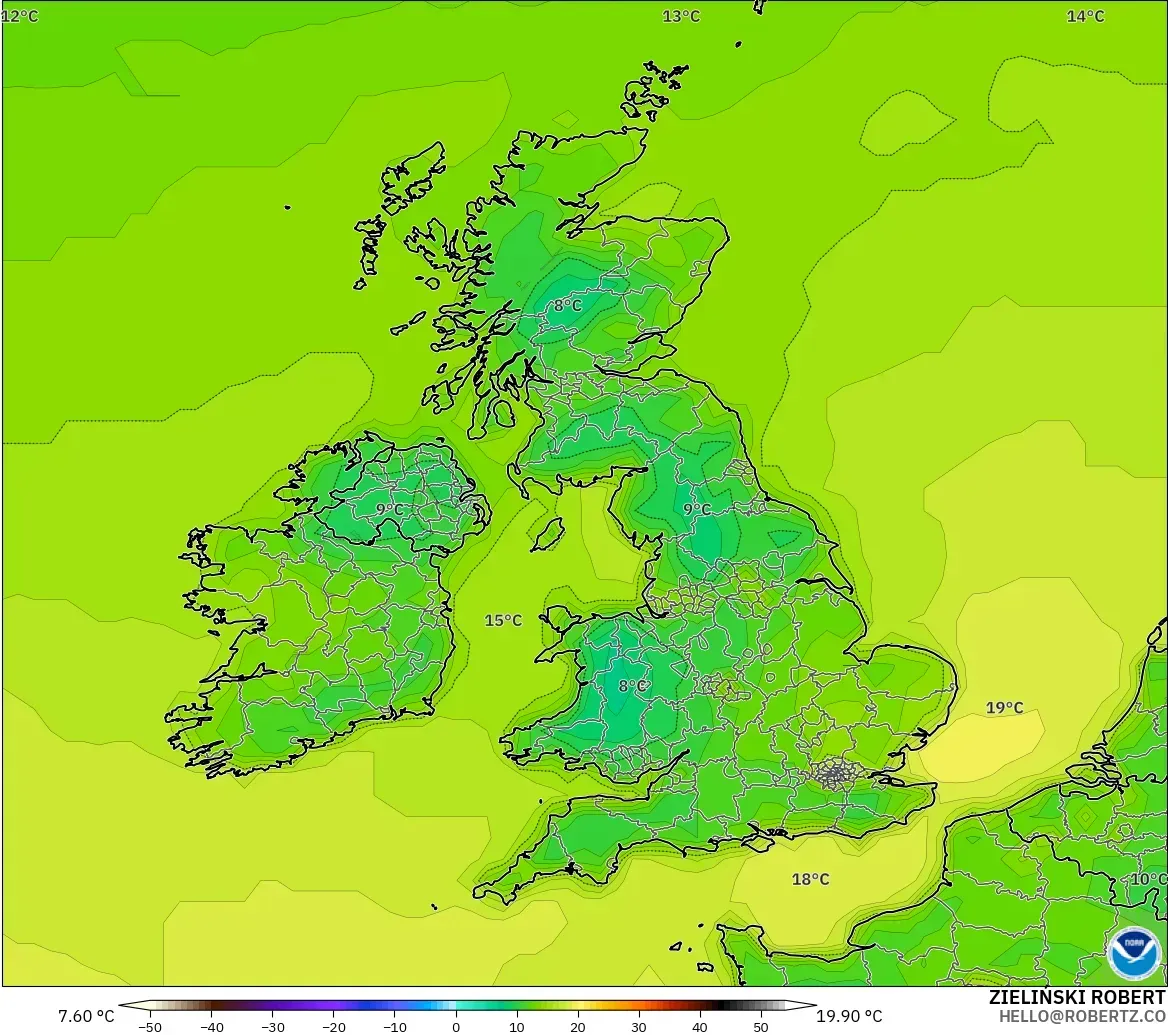 GFS modelo - Reino Unido, Temperatura a 2 m