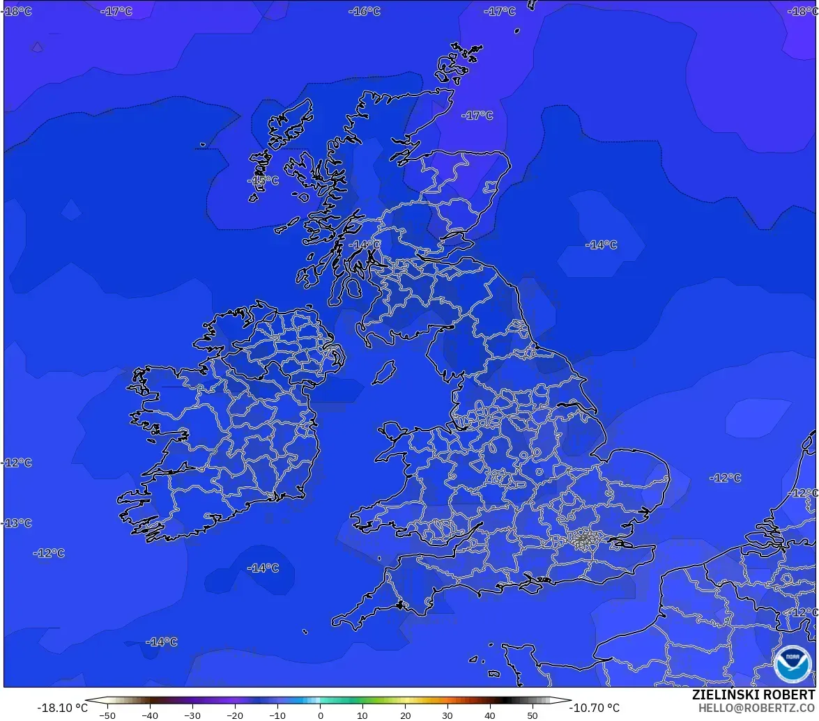 GFS modelo - Reino Unido, Temperatura a 500 hPa