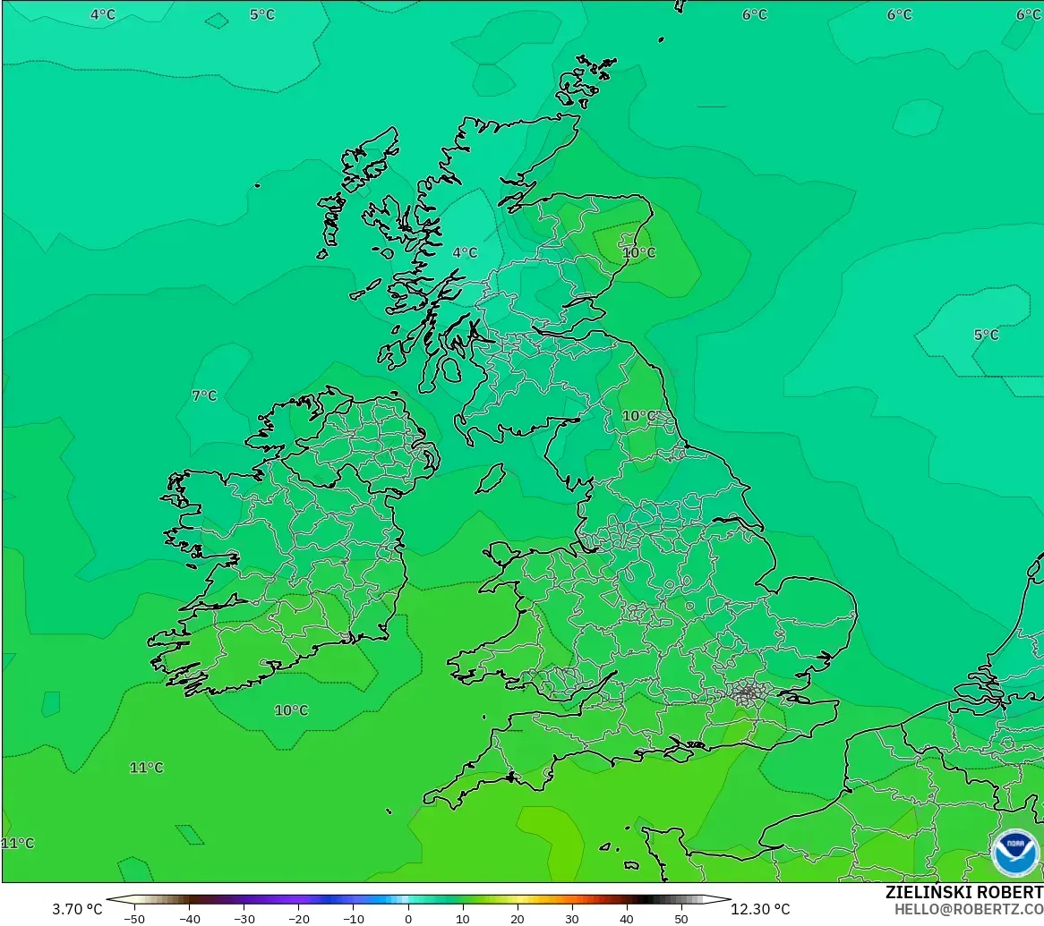 GFS modelo - Reino Unido, Temperatura a 850 hPa