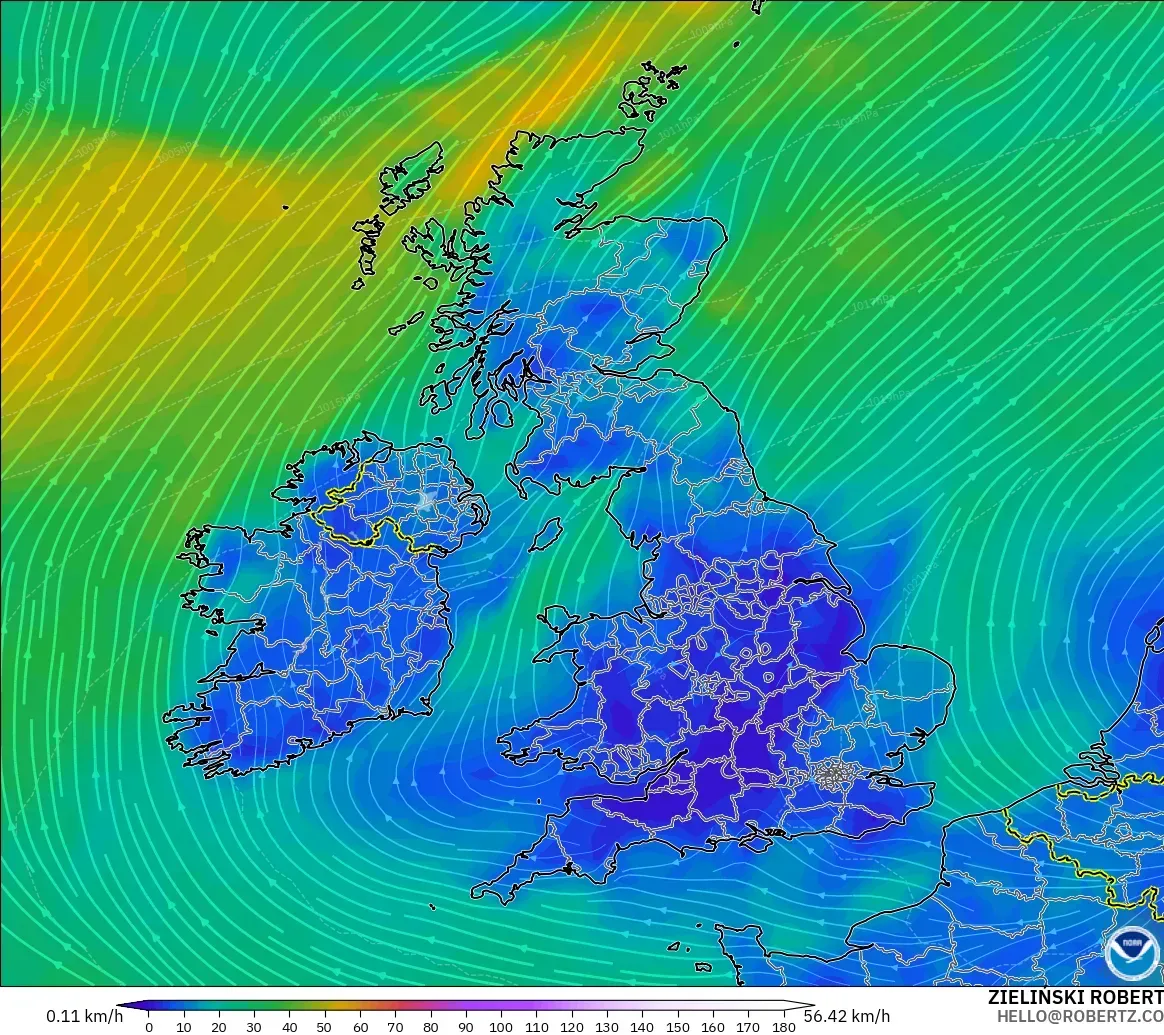 GFS modelo - Reino Unido, Viento a 10 m