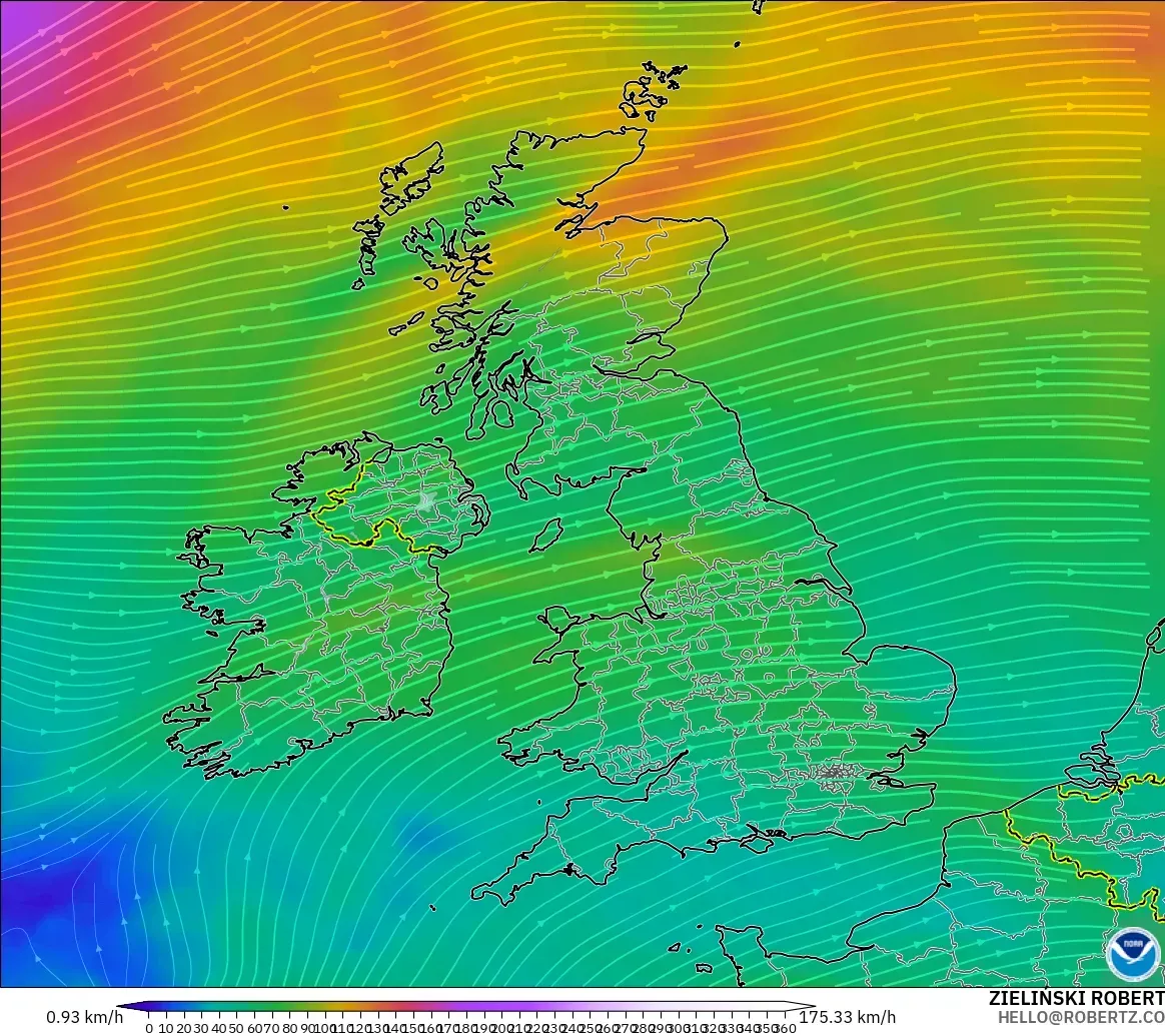GFS modelo - Reino Unido, Viento a 300 hPa (corriente en chorro)