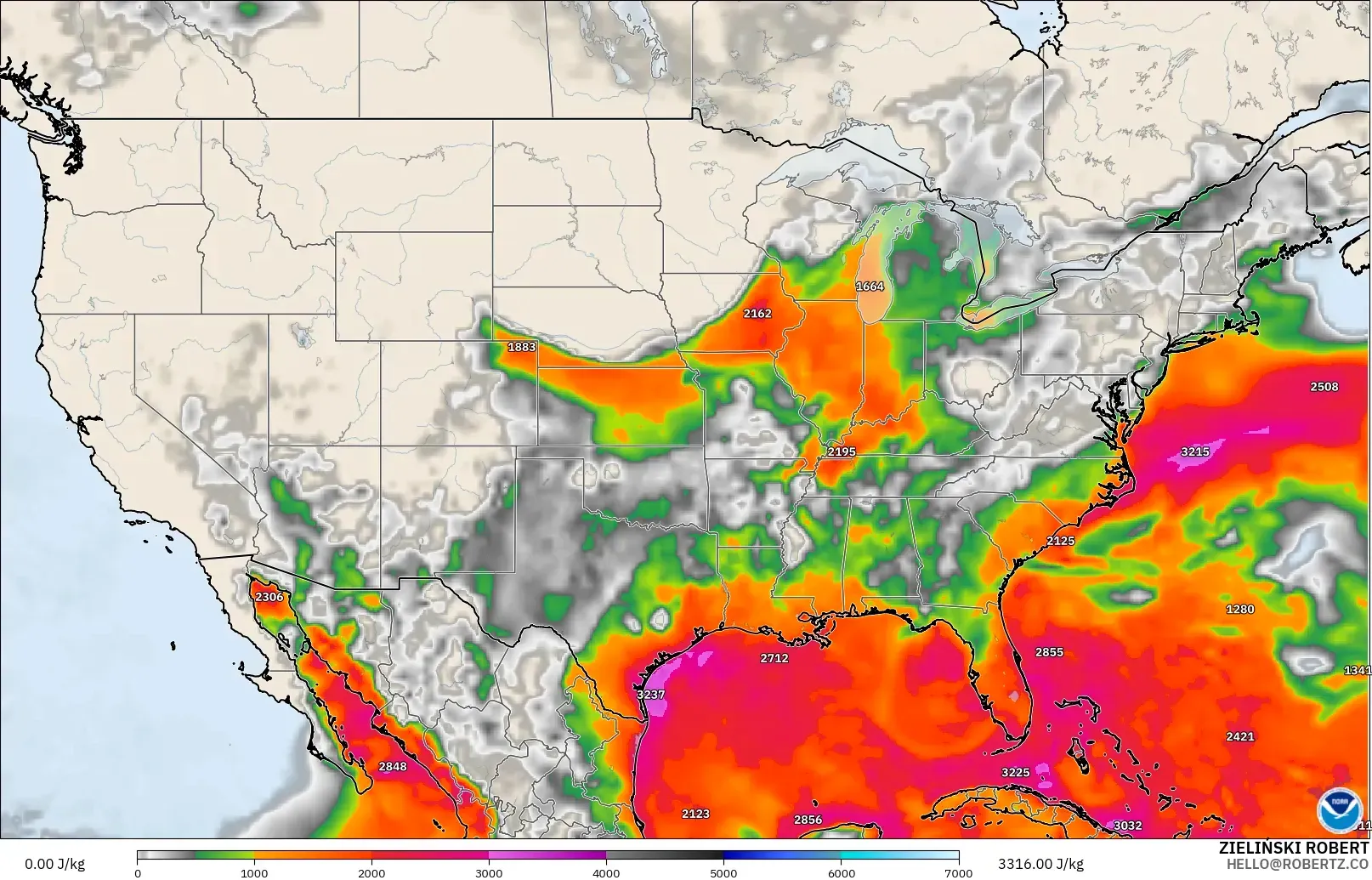 GFS modelo - Estados Unidos, CAPE