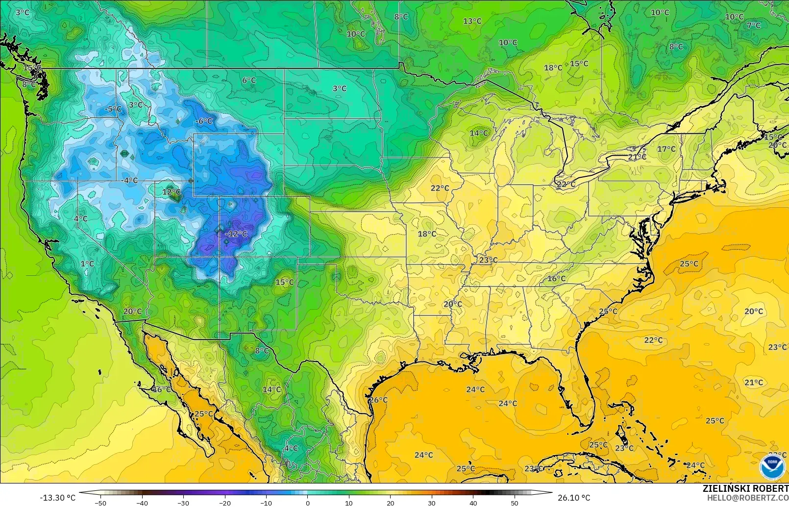 GFS modelo - Estados Unidos, Punto de rocío a 2 m